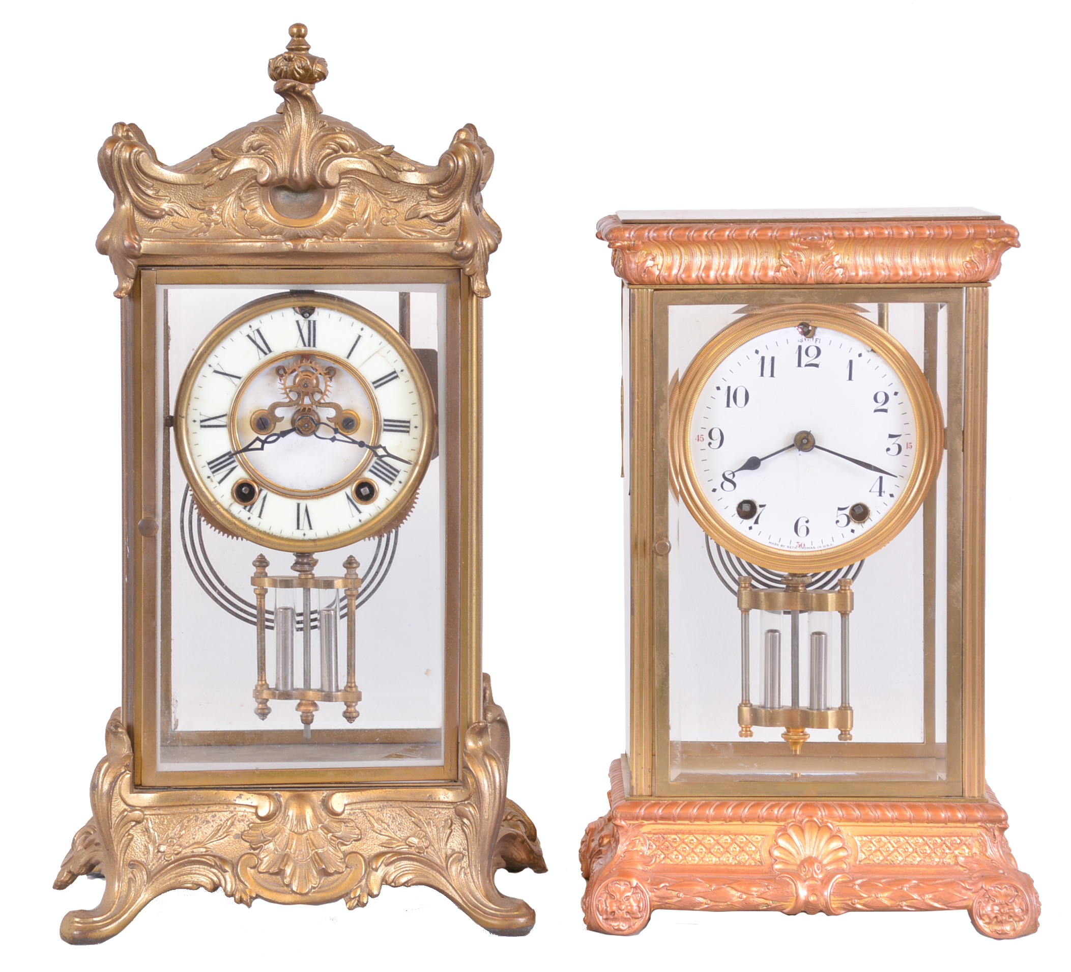 Clocks- 2 (Two): (1) New Haven Clock Co., New Haven, Conn., "Thoreau", 8 day, time and strike spring brass movement crystal regulator mantel clock, c1911 (2) Seth Thomas Clock Co., Thomaston, Conn., "Empire No. 13", 8 day, time and strike spring brass movement crystal regulator mantel clock, c1907 — Antique Clocks Price Guide