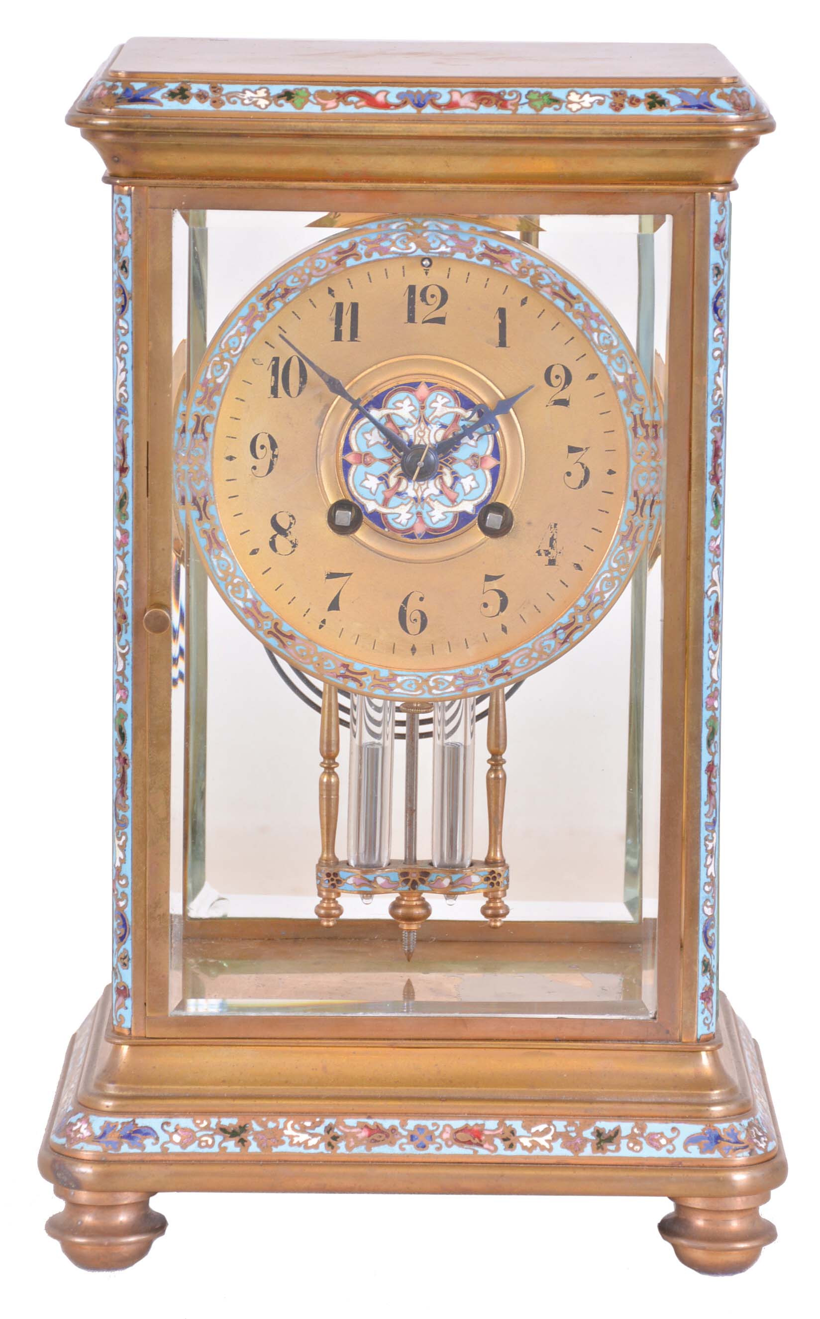 French, Japy Freres, 8 day, time and strike spring brass movement brass and enamel crystal regulator. — Antique Clocks Price Guide