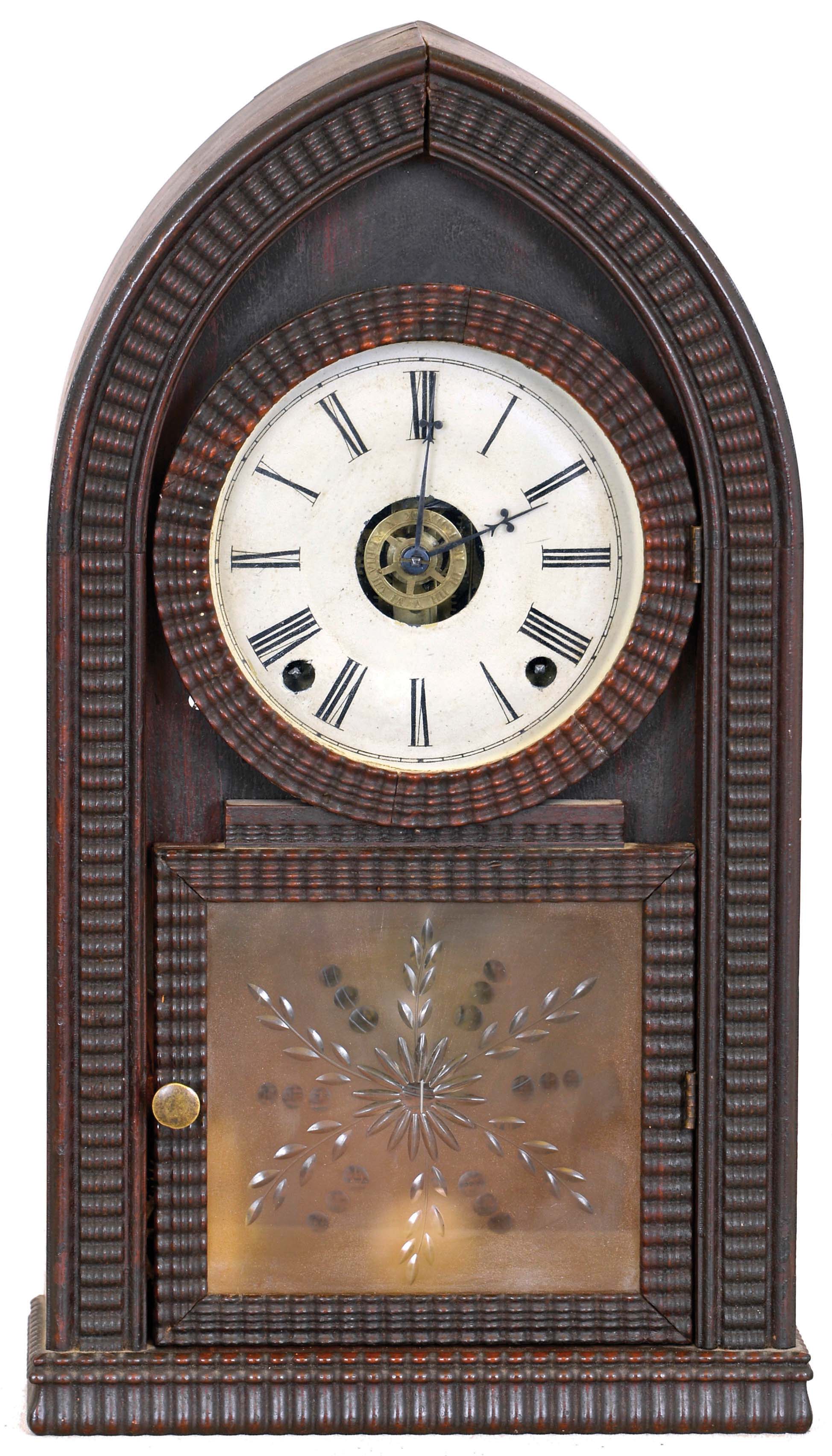 Forestville Mfg. Co., (J.C. Brown), 8 day, time, strike &amp; alarm spring brass movement Round Gothic or "beehive" shelf clock. — Antique Clocks Price Guide