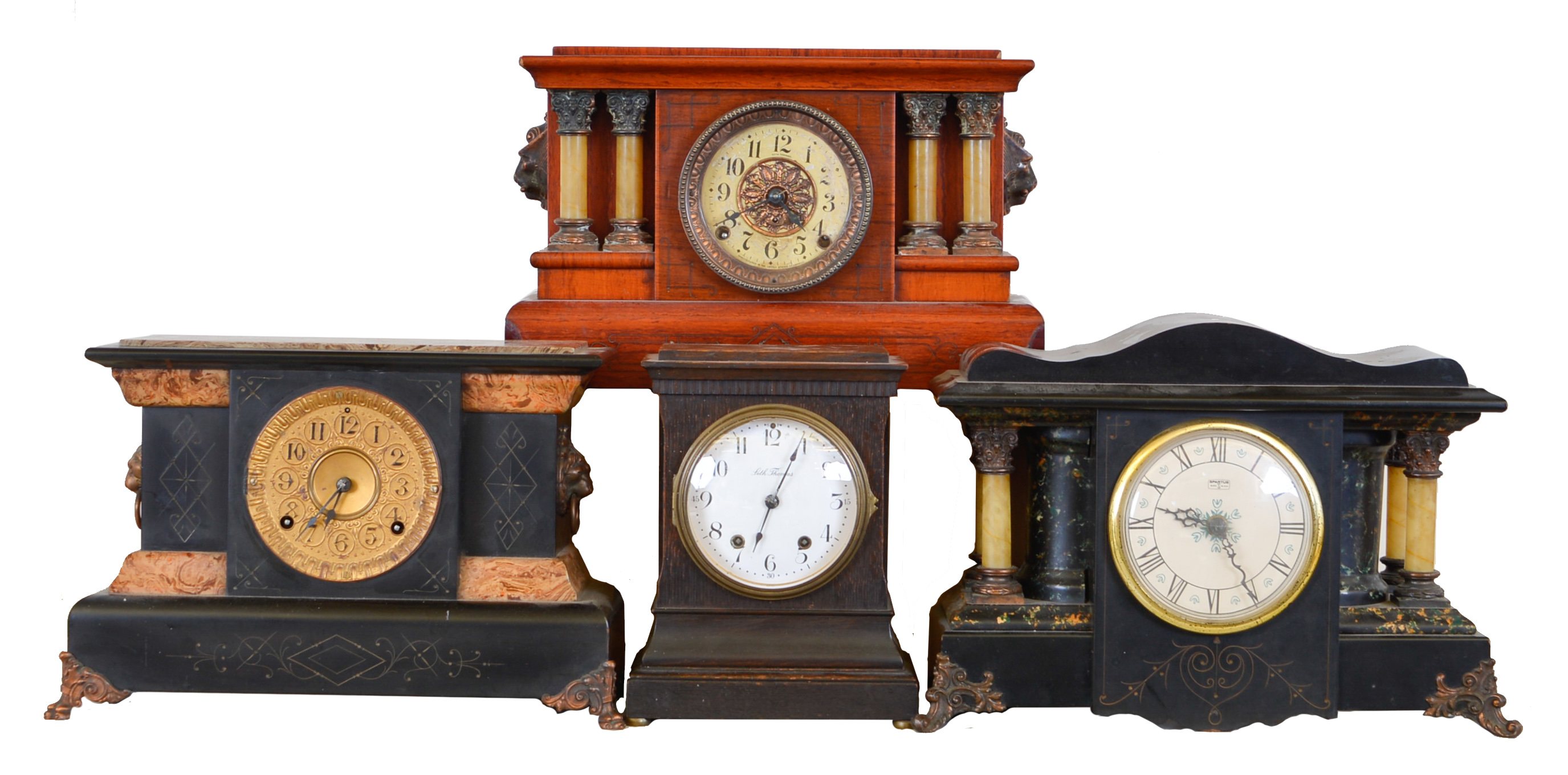 Clocks- 4 (Four): Mixed lot of two Seth Thomas Clock Co., 8 day, time and strike spring brass movement mantel clocks in Adamantine cases, one Seth Thomas Clock Co. mantel clock in Adamantine case, but with a battery movement and one Seth Thomas Clock Co. "Turin", 8 day, time and strike spring brass movement mantel clock in oak case, c1913 — Antique Clocks Price Guide
