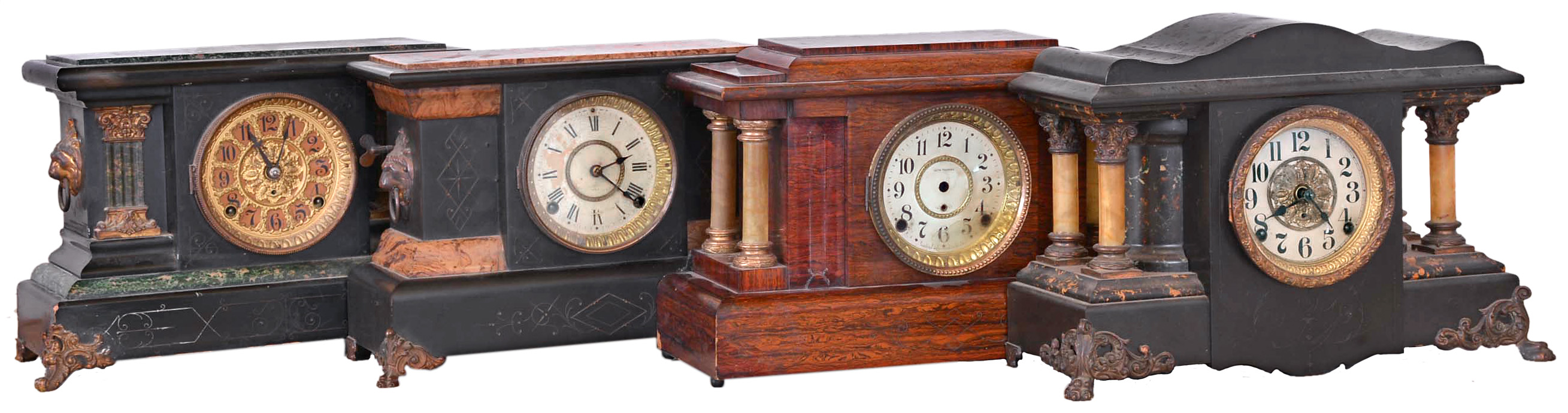 Clocks- 4 (Four) (1) Seth Thomas Clock Co., Thomaston, Conn. 8 day, time and strike spring brass movement adamantine shelf clock, c1900 (2) Seth Thomas Clock Co., Thomaston, Conn. "Sucile", 8 day, time and strike spring brass movement Adamantine Mantel clock, c1904 (3) Seth Thomas Clock Co., Thomaston, Conn., 8 day, time and strike spring brass movement Adamantine mantel clock c1900 (4) Seth Thomas Clock Co., Thomaston, Conn., Adamantine case mantel clock. Case only. — Antique Clocks Price Guide
