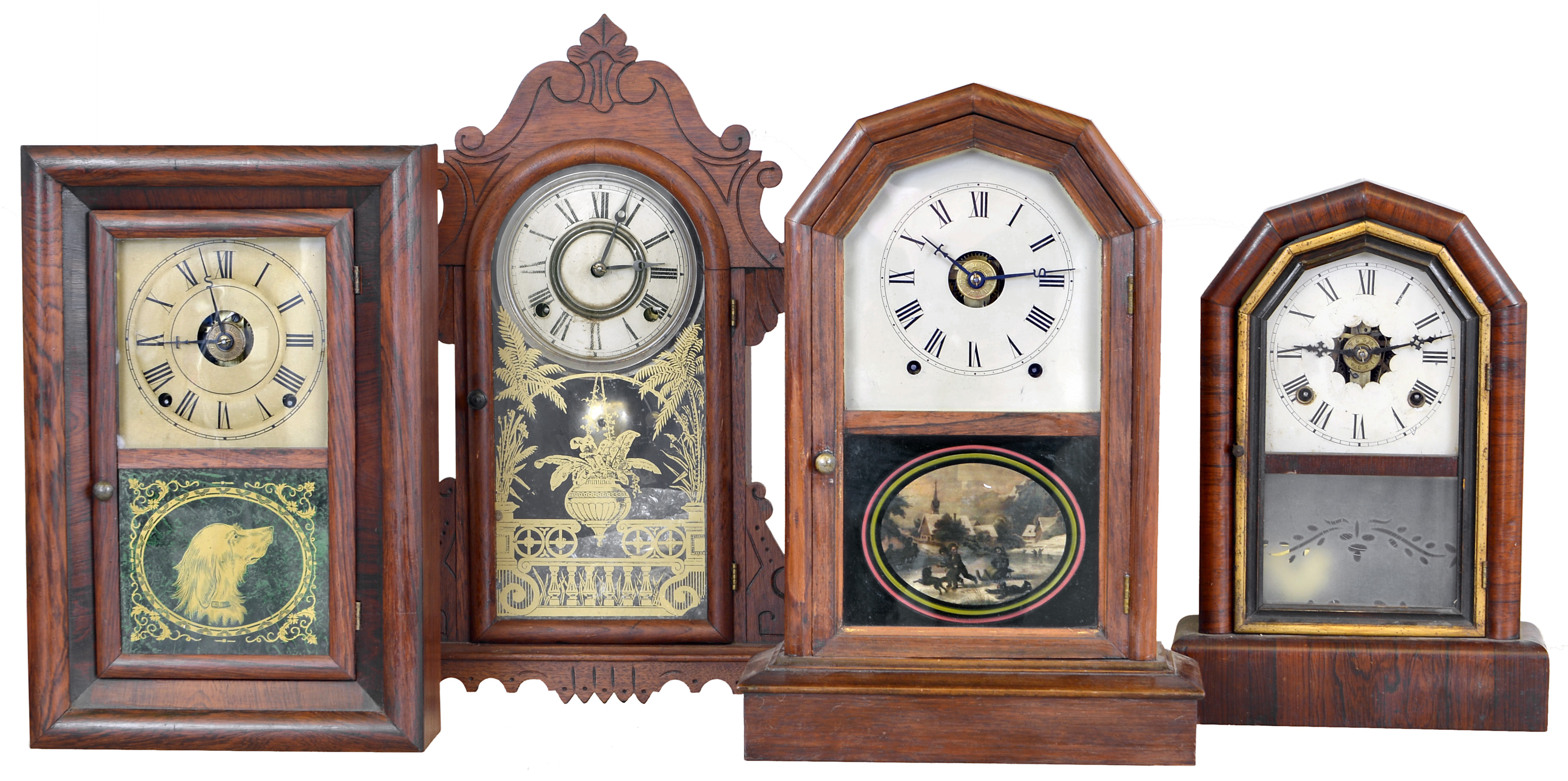 Clocks- 4 (Four): (1) Seth Thomas, Thomaston, Conn., "Round Band", 8 day, time, strike and alarm spring brass movement shelf clock, c1870 (2) E. N. Welch Mfg. Co., Forestville, Conn., 8 day, time and strike spring brass movement shelf clock, c1880 (3) The Terry Clock Co., Waterbury, Conn., 8 day, time, strike and alarm spring brass movement shelf clock, c1870 (4) Seth Thomas, Thomaston, Conn., "Richmond" 8 day, time, strike and alarm spring brass movement city series shelf clock, c1880 — Antique Clocks Price Guide