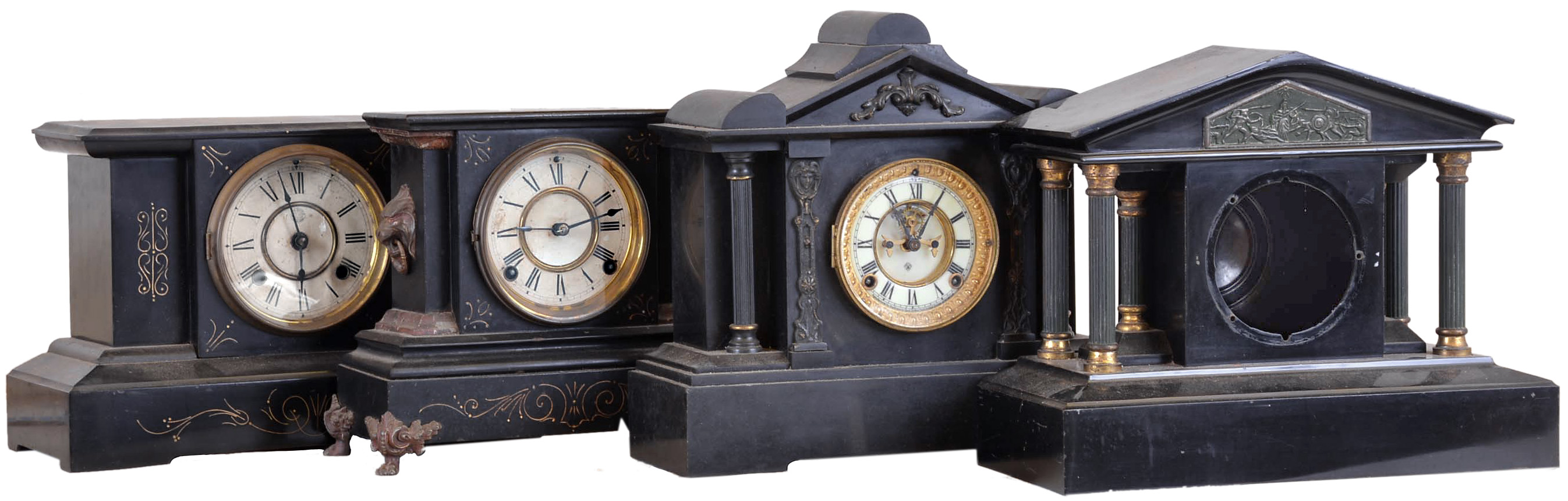 Clocks- 4 (Four): (1) Ansonia Clock Co., New York, NY, Shelf clock with a spring driven 8 day time and half hour strike movement in an iron case, c1890, (2) Ansonia Clock Co., New York, NY Shelf clock with a spring driven 8 day time and strike visible escape movement in a black marble case, c1900. (3) New Haven Clock Co., New Haven, Conn. shelf clock with a spring driven 8 day time and strike movement in an iron case, c1905. (4) Unmarked iron case (no movement, dial, bezel or pendulum), c1905. — Antique Clocks Price Guide