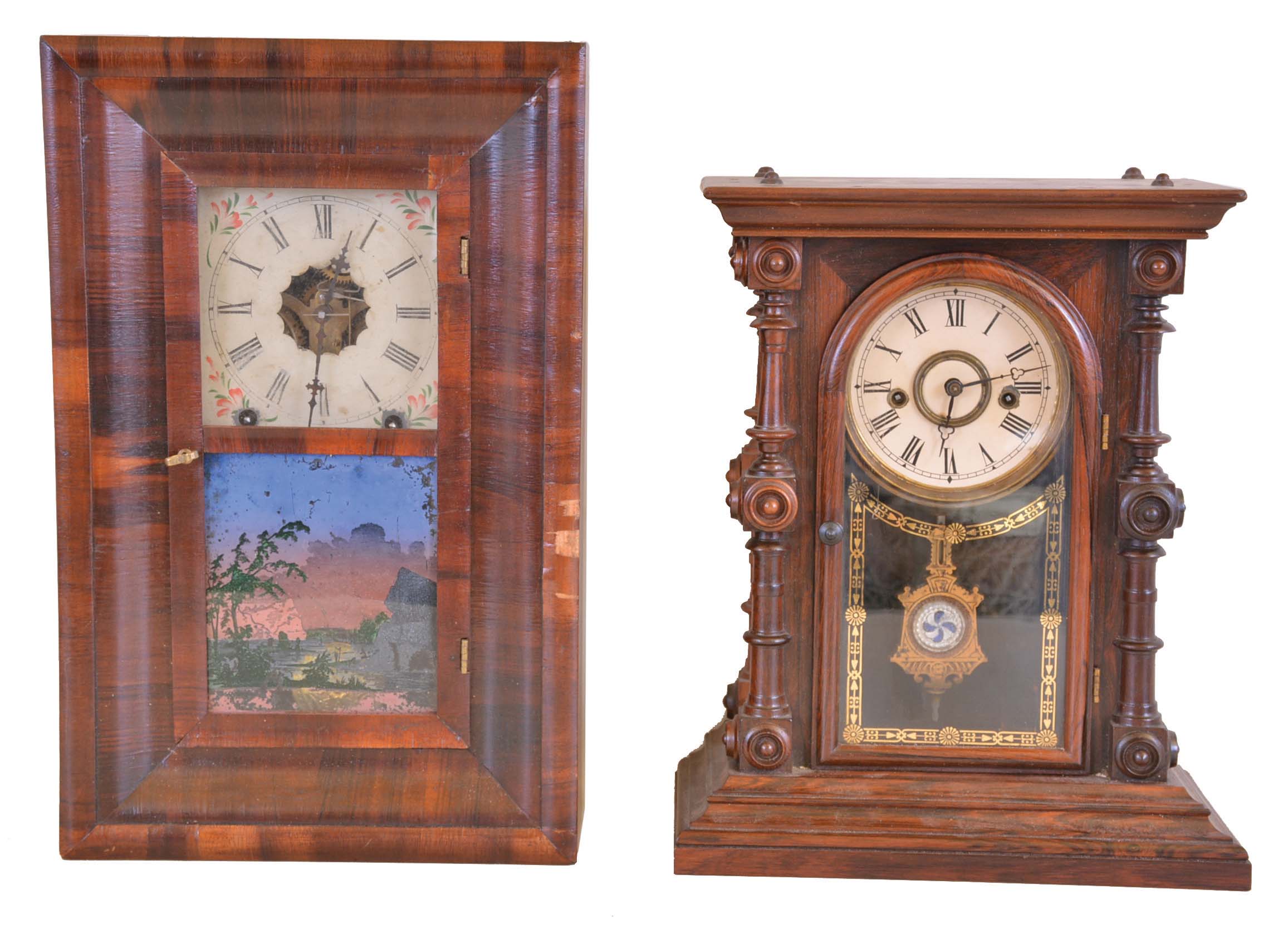 Clocks- 2 (Two): (1) New Haven Clock Co., New Haven, Conn., 8 day, time and strike spring brass movement miniature OOG shelf clock, c1870 (2) Welch, Spring &amp; Co., Forestville, Conn., "Cary, V.P.", 8 day, time and strike spring brass movement shelf clock, c1880 — Antique Clocks Price Guide