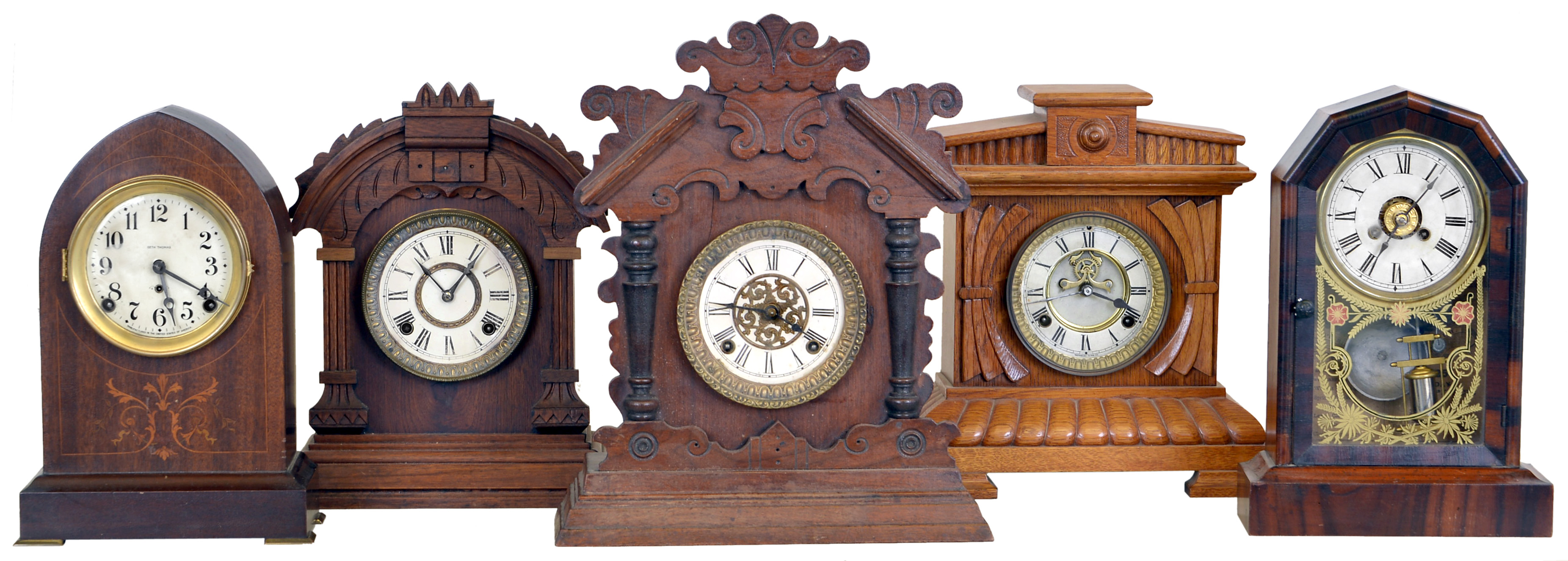 Clocks- 5 (Five): (1) Seth Thomas Clock Co., Thomaston, Conn., "Prospect No. 11", 8 day, time and strike spring brass movement shelf clock. (2) Jerome &amp; Co., (New Haven Clock Co.), New Haven, Conn., 30 hour, time and alarm spring brass movement cottage timepiece, c1860 (3) Ansonia Clock Co., New York, NY, "Tunis", 8 day, time and strike spring brass movement cabinet model shelf clock, c1894 (4) Ansonia Clock Co., New York, NY, "Valma", 8 day, time and strike spring brass movement cabinet model shelf clock. (5) Waterbury Clock Co., Waterbury, Conn. "Taylor", 8 day, time and strike spring brass movement shelf clock with visible escapement, c1893 — Antique Clocks Price Guide