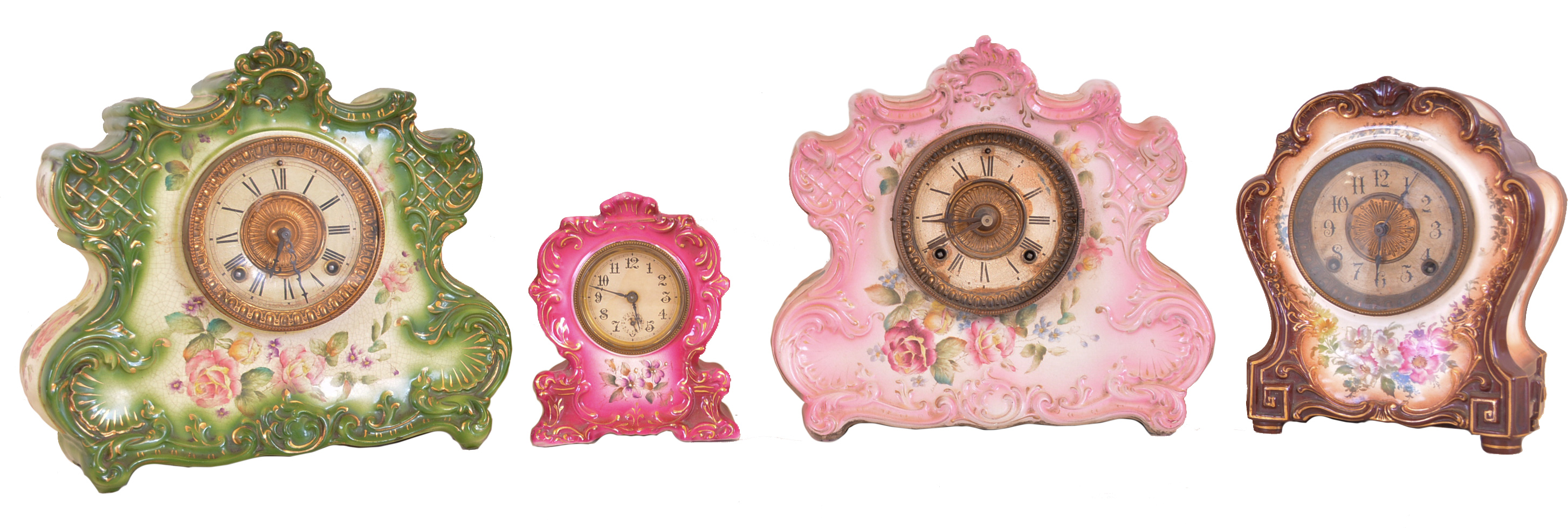 Clocks- 4 (Four): (1) Ansonia Clock Co., New York, NY, "La Hay", 8 day, time and strike spring brass movement porcelain mantel clock, c1901 (2) William L. Gilbert Clock Co., Winsted, Conn., "Lily", 8 day, 30 hour, spring brass movement porcelain alarm timepiece, c1904 (3) Ansonia Clock Co., New York, NY, "Dresden Extra", 8 day, time and strike spring brass movement porcelain mantel clock, c1901 (4) Ansonia Clock Co., "Dresden Extra", 8 day, time and strike spring brass movement porcelain mantel clock, c1905 — Antique Clocks Price Guide