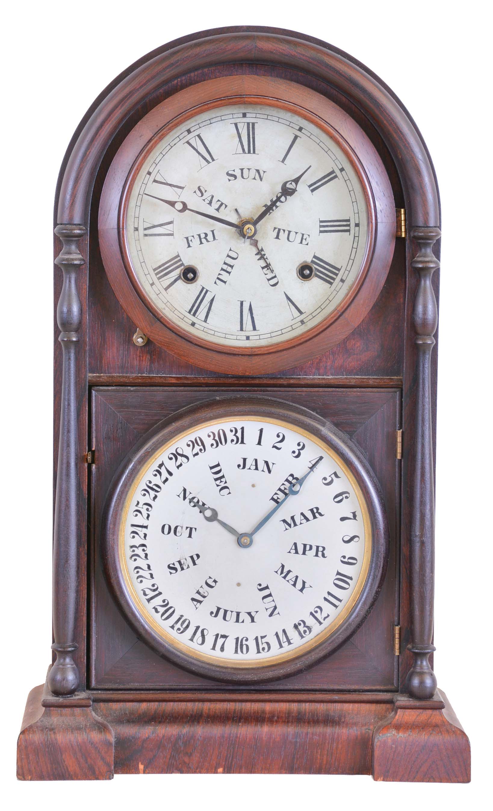 Welch, Spring, &amp; Co., Forestville, Conn., "Italian No. 3" calendar shelf clock with a spring driven 8 day time and strike movement with a B.B. Lewis perpetual calendar mechanism in a rosewood veneered case. — Antique Clocks Price Guide