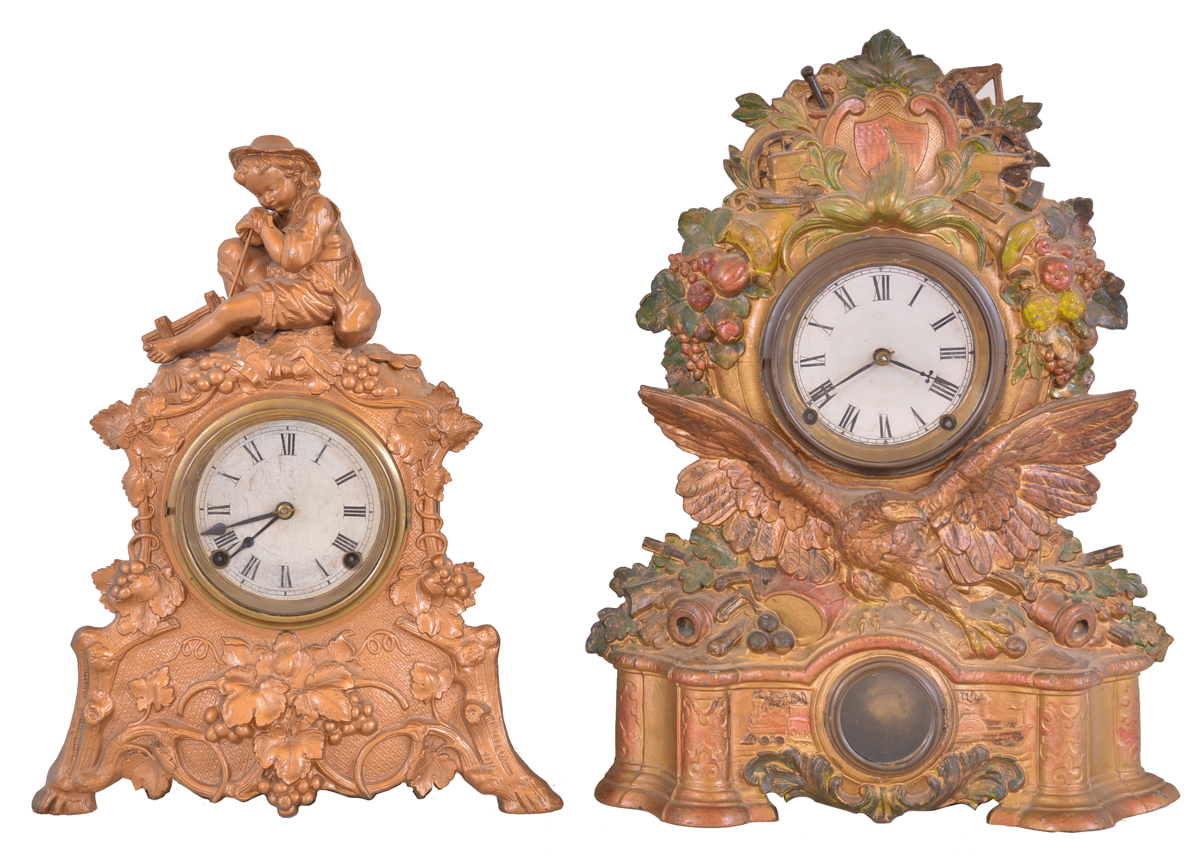 Clocks- 2 (Two): (1) Bristol Brass and Clock Co., New York, 8 day, time and strike spring brass movement cast spelter front shelf clock. Case No. 54 "Eagle" model, by Nicholas Muller, c1860 (2) Waterbury Clock Co., Waterbury, Conn., 8 day, time and strike spring brass movement cast spelter front shelf clock. Case No. 69 "Beggar" model by Nicolas Muller, c1872 — Antique Clocks Price Guide