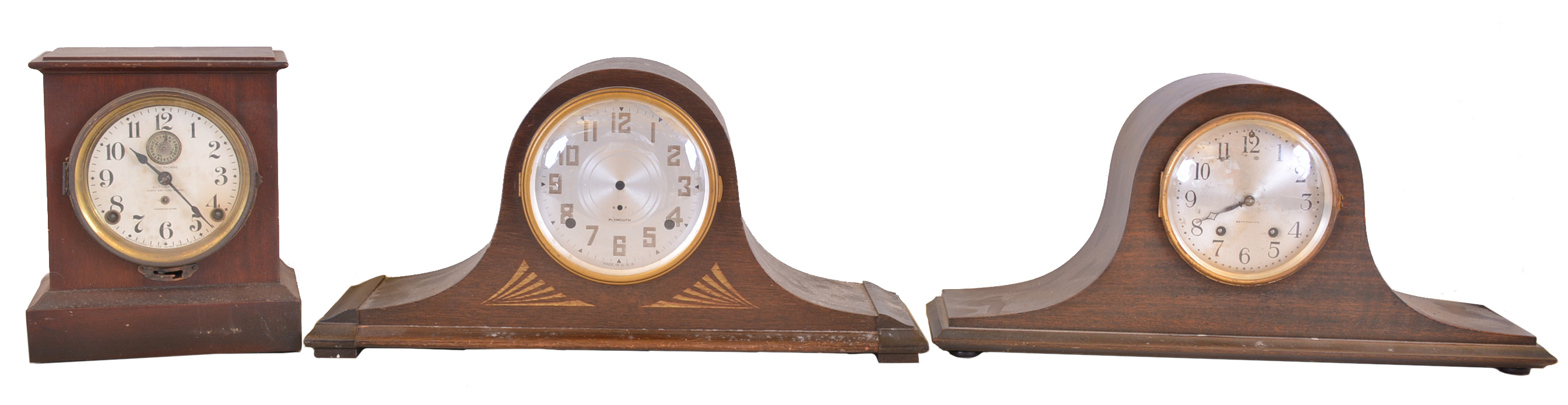 Clocks- 7 (Seven): including 6 tambour style and one mantel alarm clocks; New Haven, Plymouth Clock Co., and Seth Thomas, c1910 — Antique Clocks Price Guide