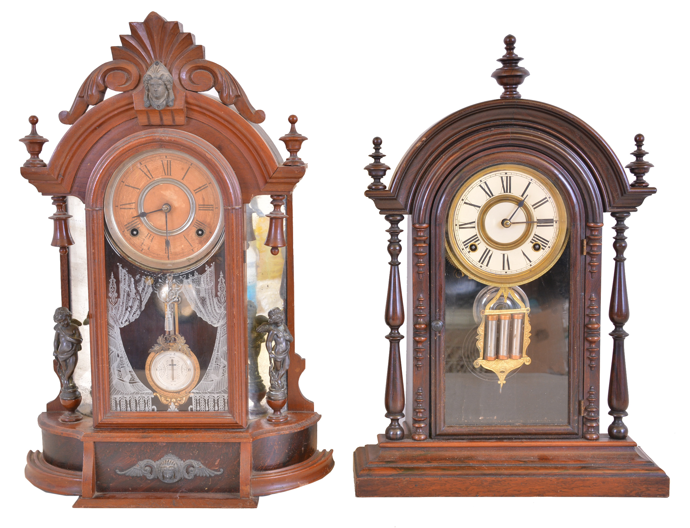 Clocks- 2 (Two): (1) Welch, Spring &amp; Co., Forestville, Conn., "Parepa, V.P.", 8 day, time and strike spring brass movement shelf clock, c1878 (2) William L. Gilbert Clock Co., Winsted, Conn., "Occidental", 8 day, time and strike spring brass movement shelf clock, c1891 — Antique Clocks Price Guide