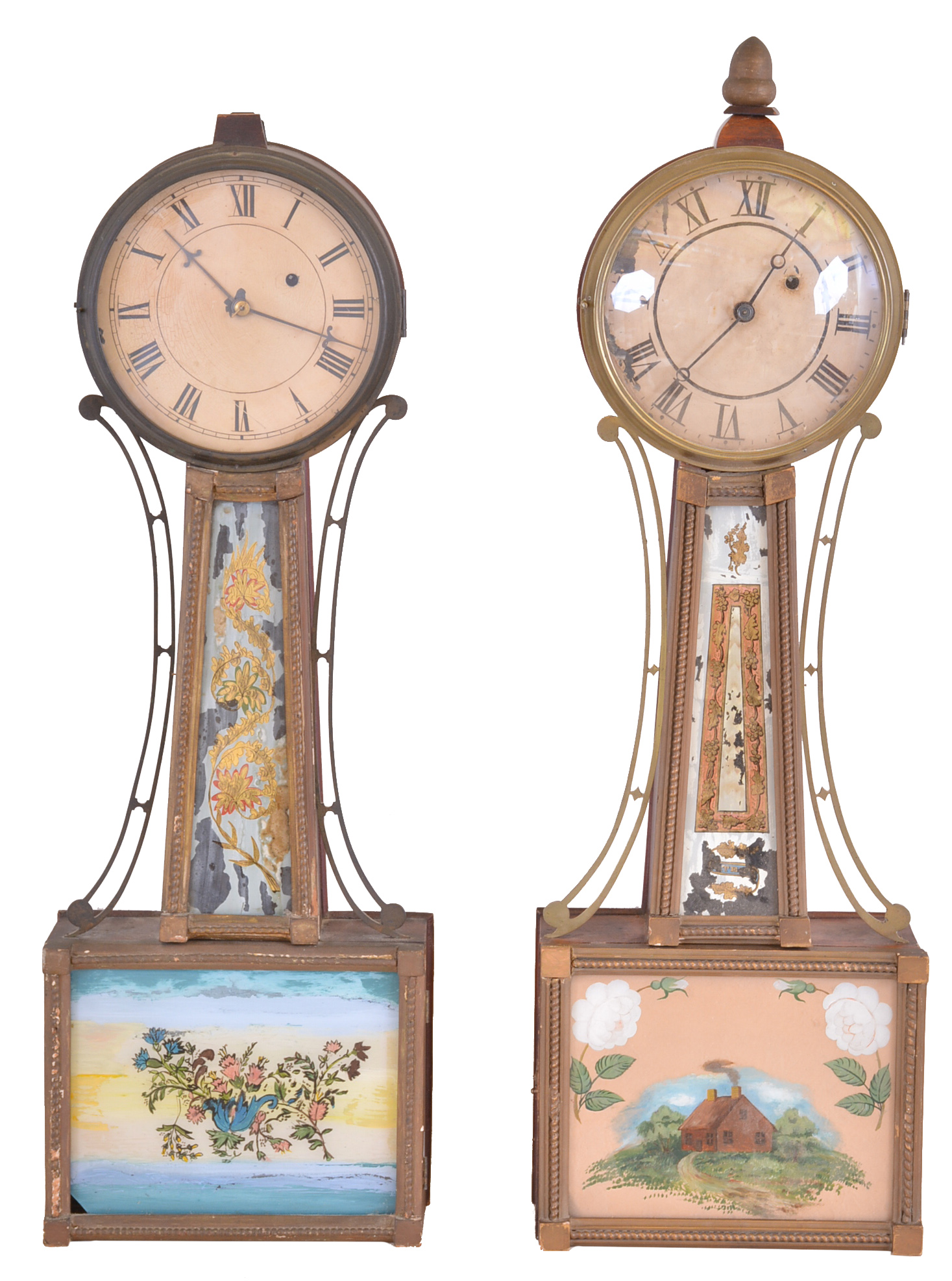 Clocks- 2 (Two): (1) Massachusetts, Unknown maker, 8 day, weight brass movement Patent or banjo timepiece, c1825 (2) Massachusetts, Unknown maker, 8 day, weight brass movement Patent or banjo timepiece, c1825 — Antique Clocks Price Guide