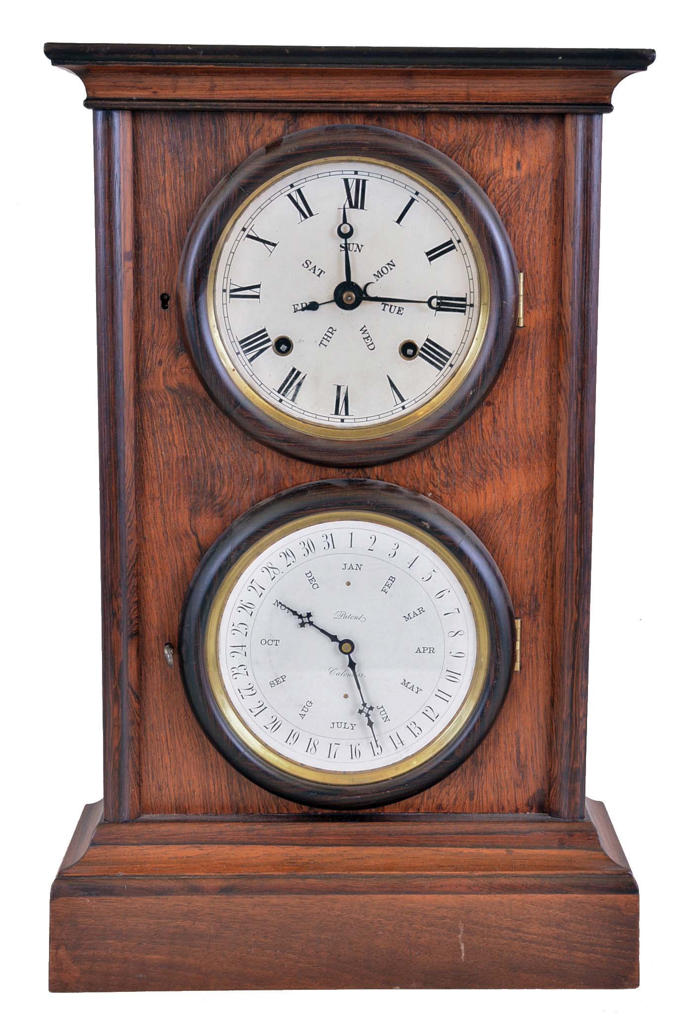 L.F. &amp; W.W. Carter, Bristol, Conn., 8 day, time and strike spring brass movement double dial calendar shelf clock with a B.B. Lewis patent calendar manufactured by Elias Burwell, Bristol. — Antique Clocks Price Guide