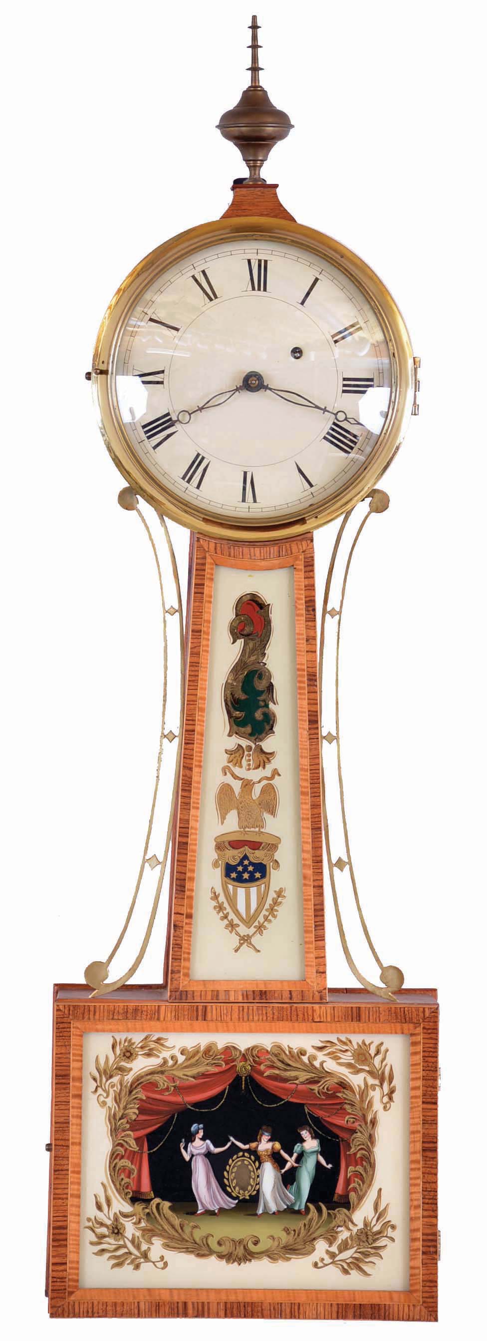 Fraiser Forgie, Fryeburg, Maine, reproduction 8 day, weight brass movement Patent or banjo timepiece. — Antique Clocks Price Guide
