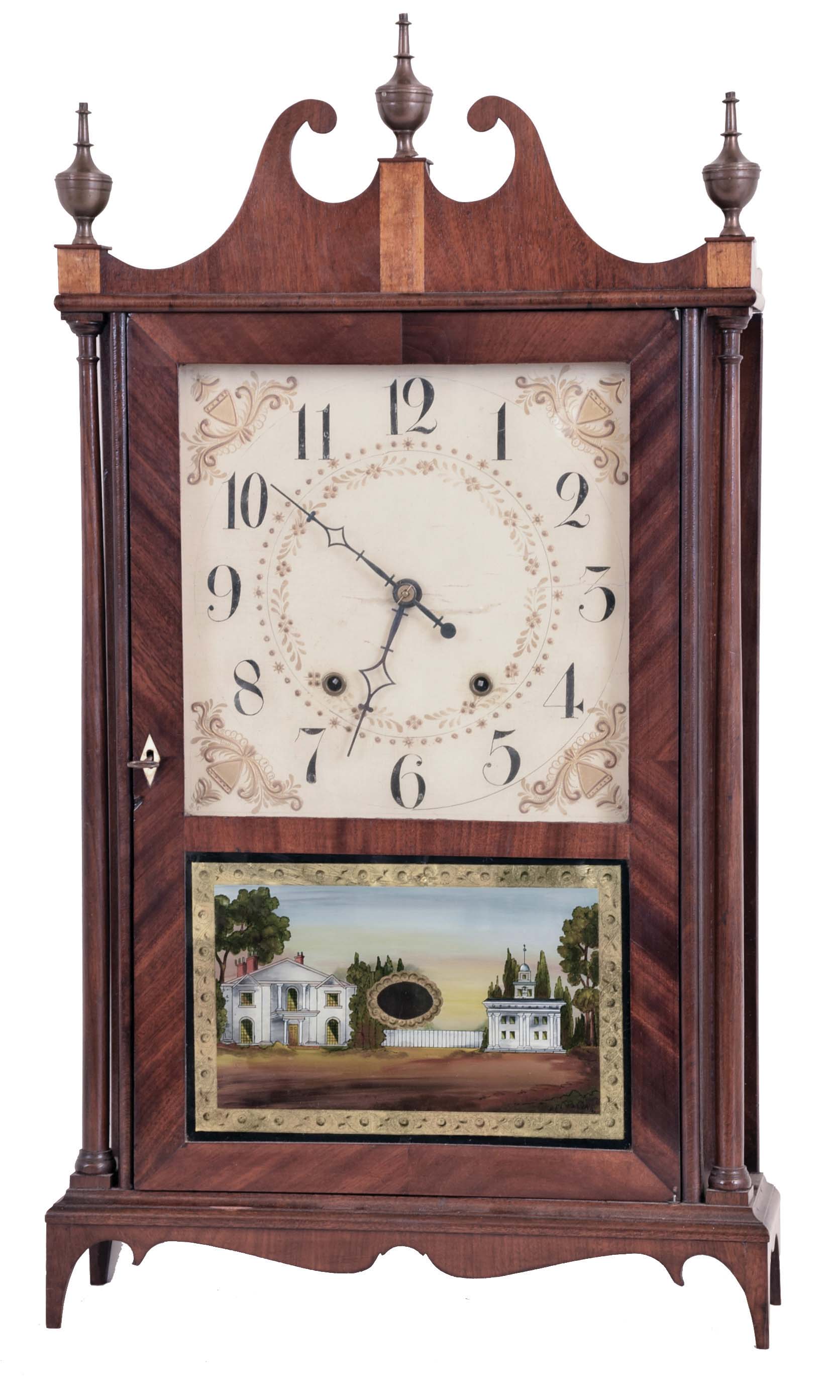 Clocks- 2 (Two): (1) E. Terry &amp; Sons, Plymouth, Conn. 30 hour, time and strike weight wood movement pillar &amp; scroll shelf clock. (2) E. Terry &amp; Sons, Plymouth, Conn., 30 hour, time and strike weight wood movement pillar &amp; scroll shelf clock. — Antique Clocks Price Guide