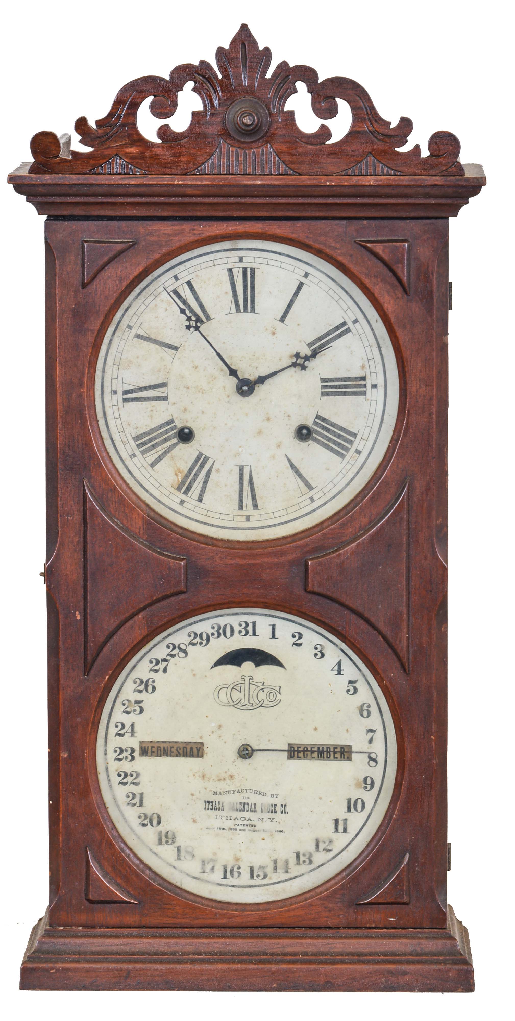 Ithaca Calendar Clock Co., Ithaca, NY, "No. 10 Farmer's", 8 day, time and strike spring brass movement double dial calendar shelf clock. — Antique Clocks Price Guide