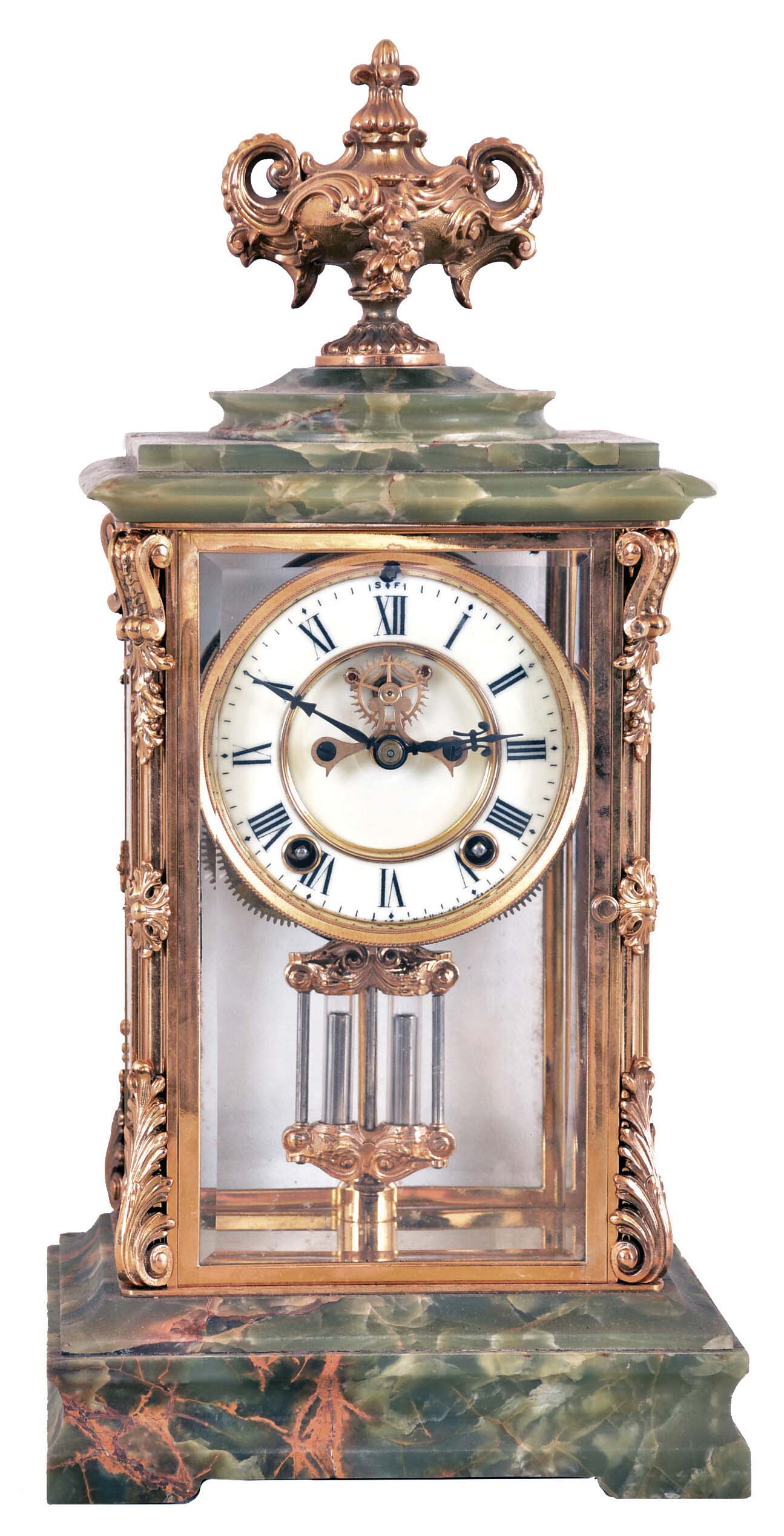 Ansonia Clock Co., New York, NY, "Laureate", 8 day, time and strike spring brass movement, crystal regulator with fancy brass and onyx case. — Antique Clocks Price Guide
