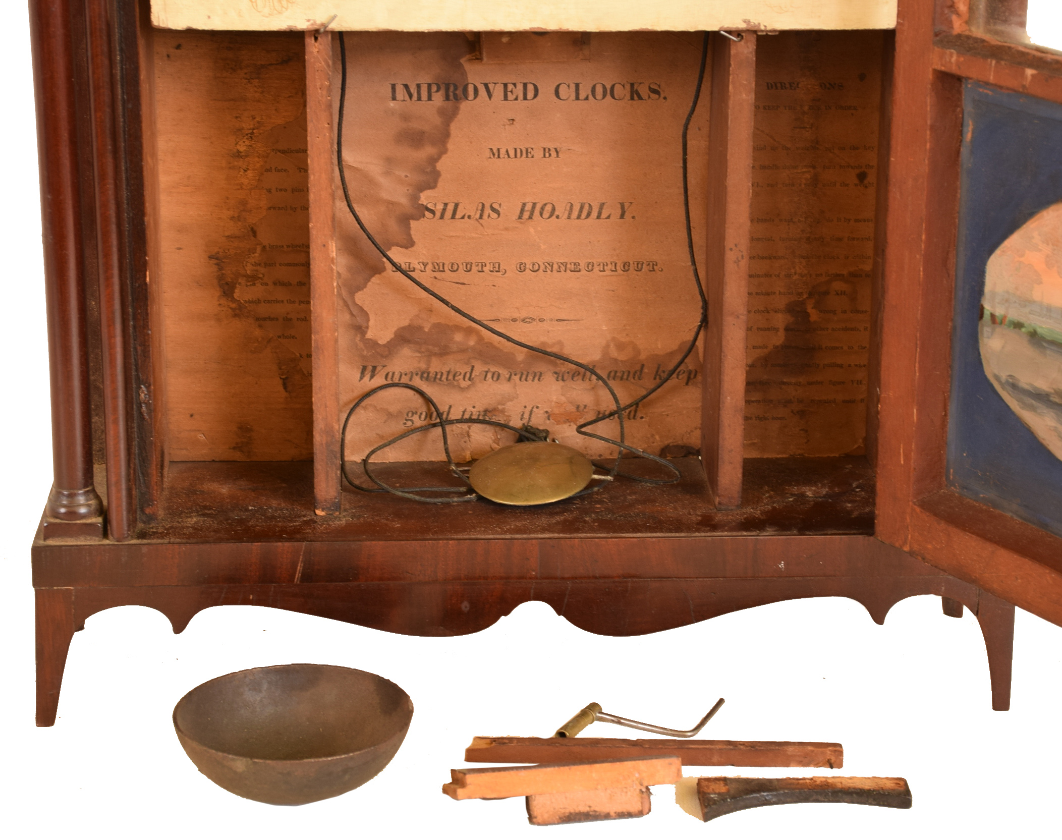Clocks- 2 (Two): (1) C. &amp; L.C. Ives, Bristol, Conn., 30 hour, time and strike weight wood movement pillar &amp; scroll shelf clock, c. 1830. (2) Silas "Hoadly" (label printer misspelling for Hoadley), Plymouth, Conn., 30 hour, time and strike weight wood movement pillar &amp; scroll shelf clock, c 1825. — Antique Clocks Price Guide