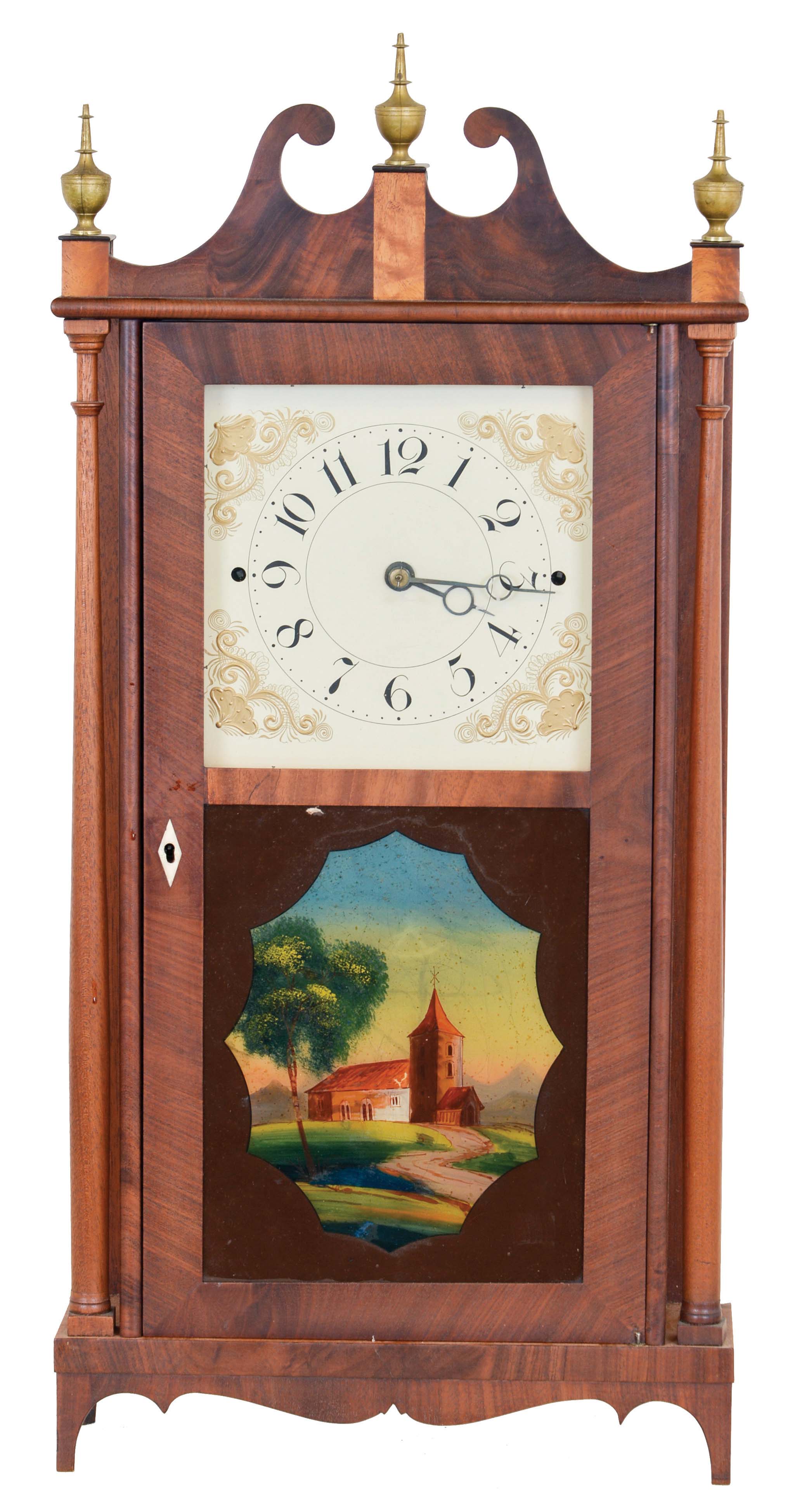 Norris North, Torrington, Conn., 30 hour, time and strike weight wood movement narrow case pillar &amp; scroll shelf clock. — Antique Clocks Price Guide