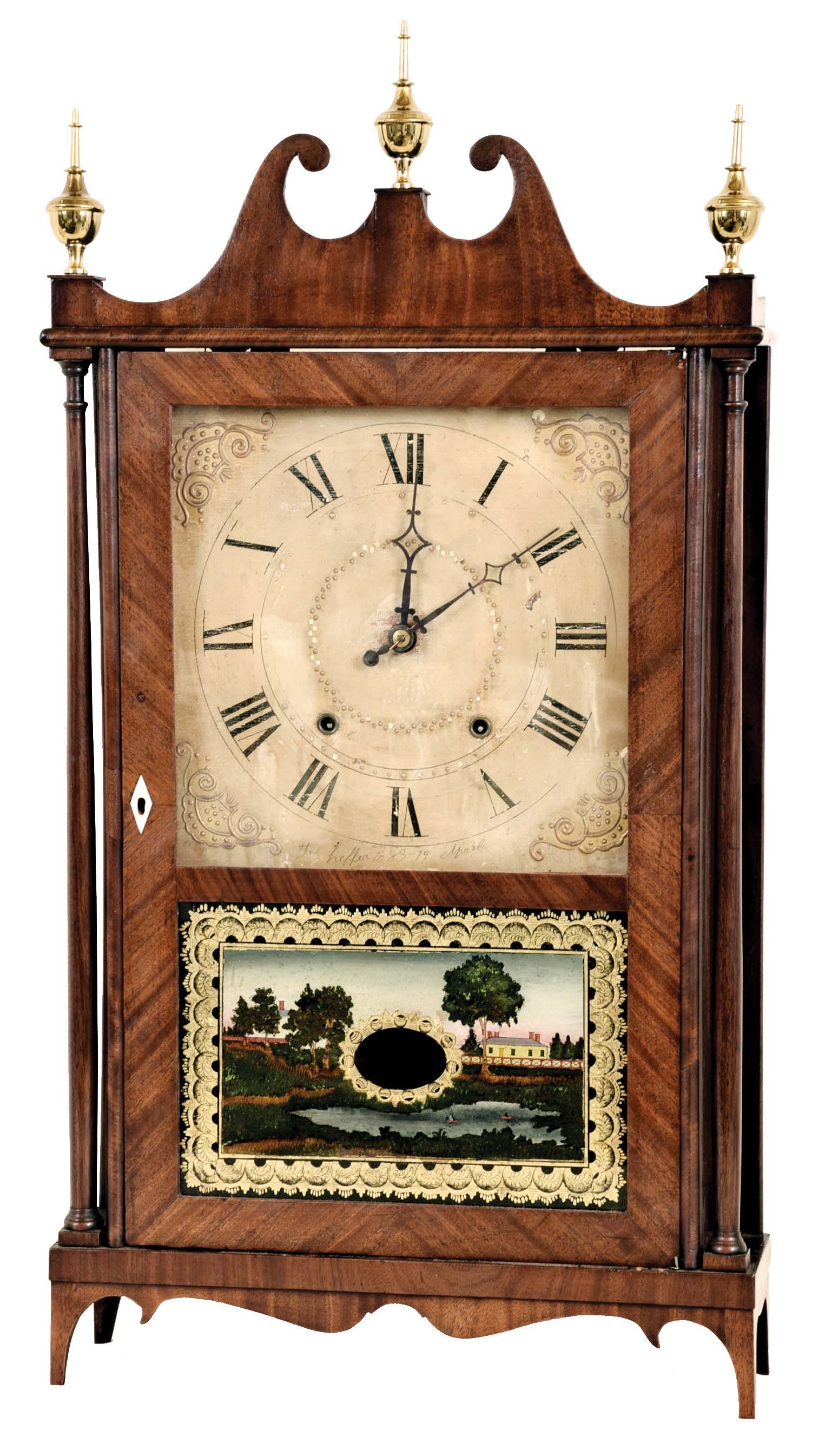 Ephraim Downs, Bristol, Conn 30 hour, time and strike weight wood movement pillar &amp; scroll shelf clock. — Antique Clocks Price Guide