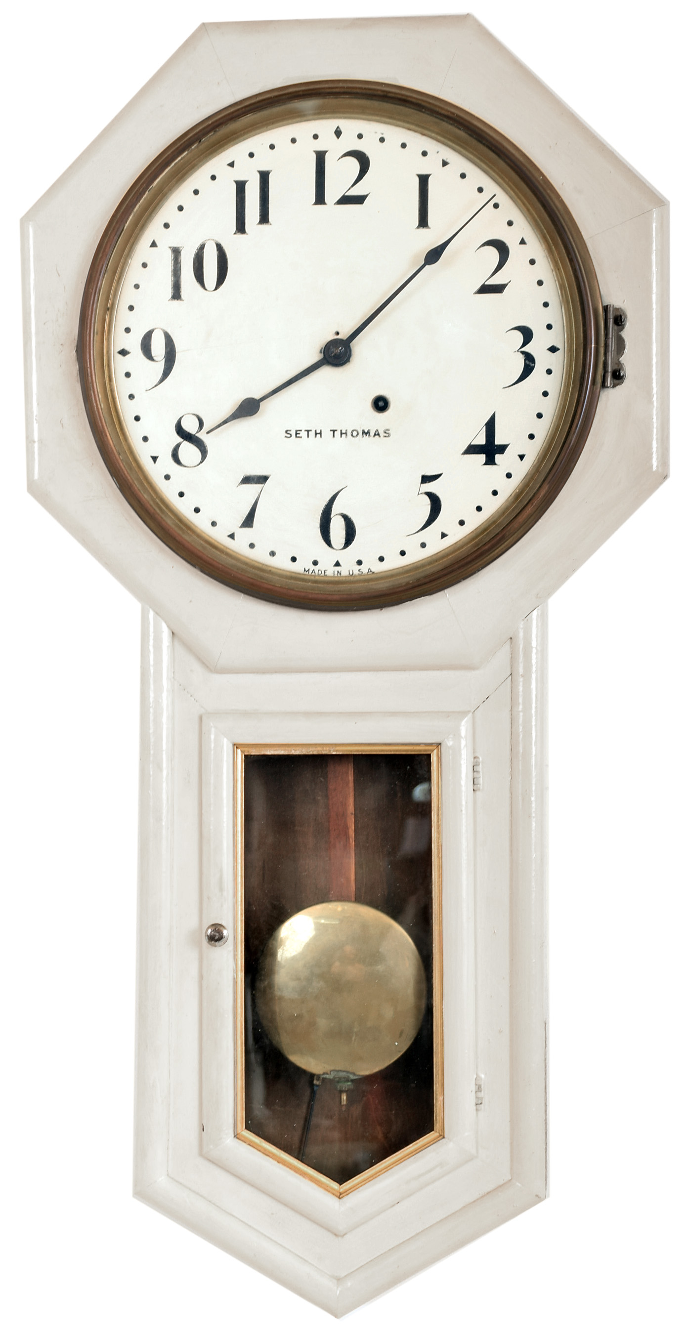 Clocks- 2 (Two): (1) Seth Thomas Clock Co., Thomaston, Conn., "Globe", 8 day, spring brass movement wall timepiece. (2) Seth Thomas Clock Co., Thomaston, Conn., "Regulator No. 2", 8 day, weight brass movement wall timepiece. — Antique Clocks Price Guide