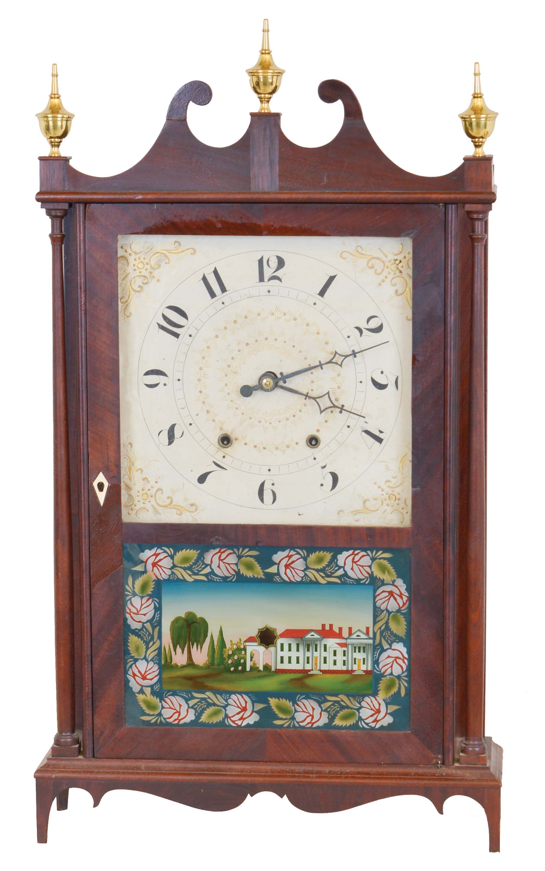 Wadsworth, Lounsbury &amp; Turner, Litchfield, Conn., 30 hour, time and strike weight wood movement pillar &amp; scroll shelf clock. — Antique Clocks Price Guide