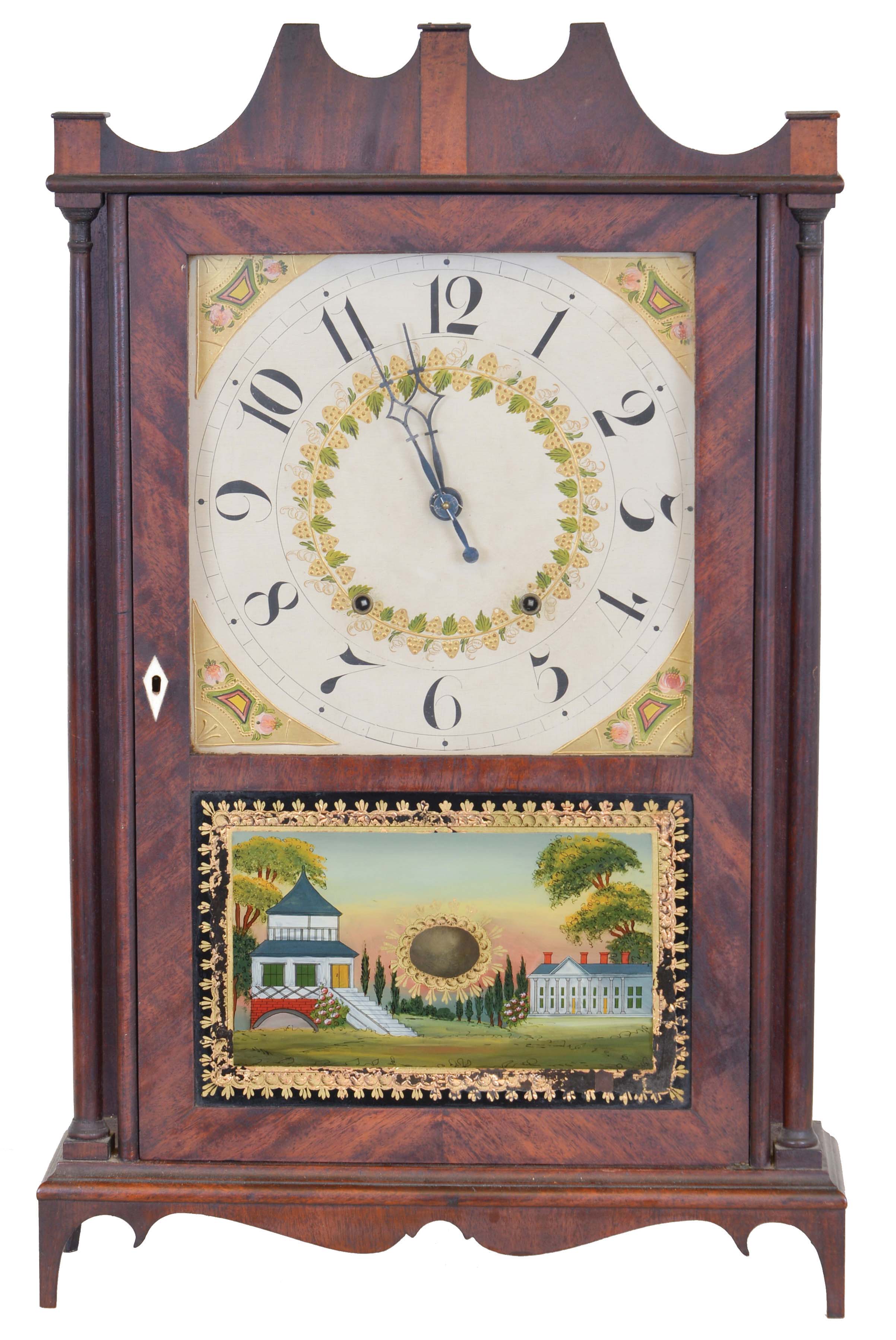 Seth Thomas Clock Co., Plymouth Hollow, Conn., 30 hour, time and strike weight wood movement pillar &amp; scroll shelf clock. — Antique Clocks Price Guide