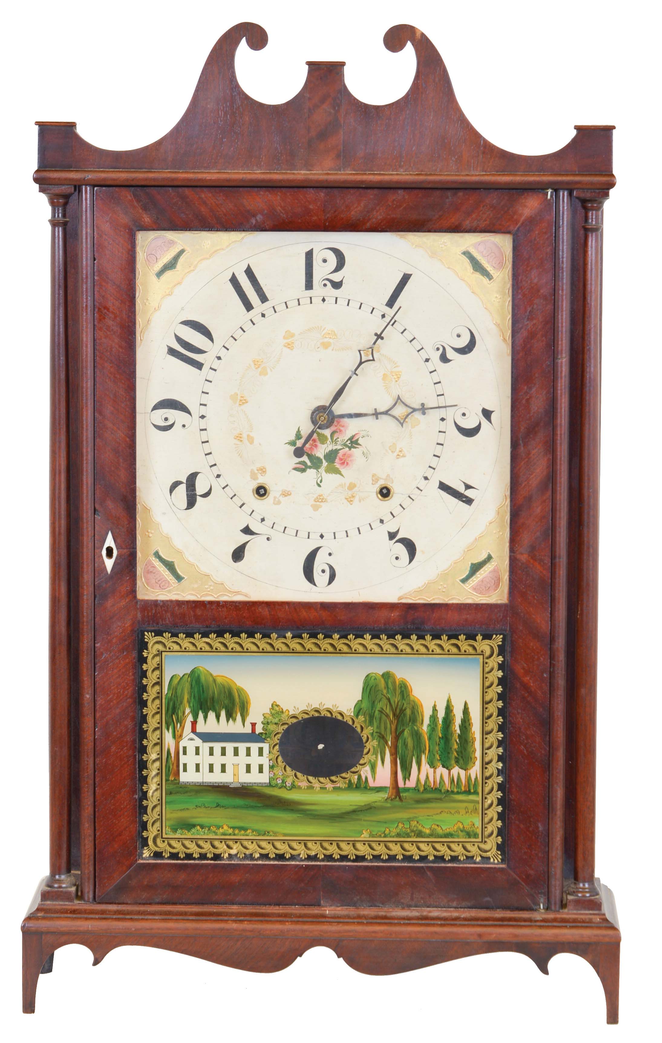 Seth Thomas Clock Co., Plymouth Hollow, Conn., 30 hour, time and strike weight wood movement pillar &amp; scroll shelf clock. — Antique Clocks Price Guide