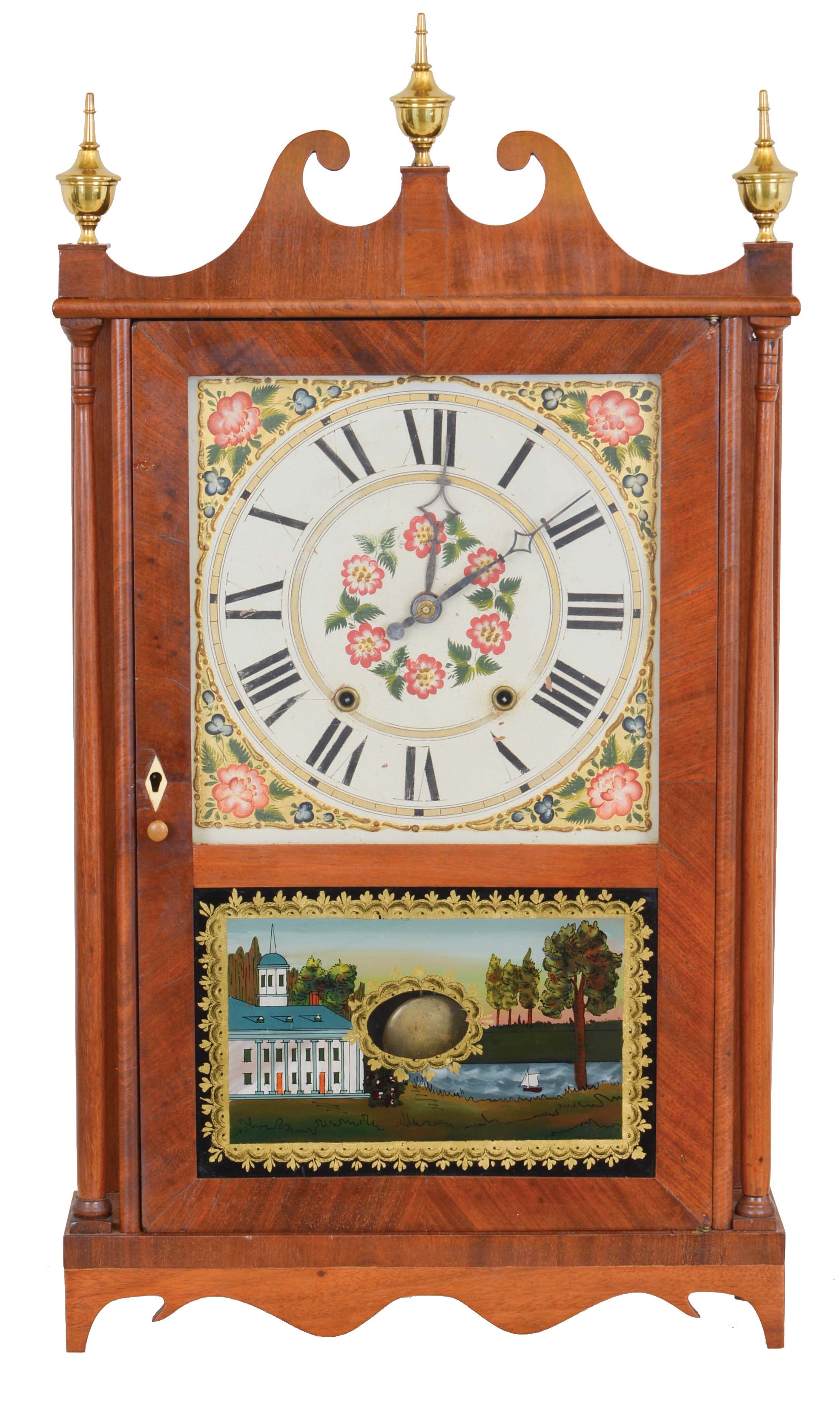 Riley Whiting, Winchester, Conn., 30 hour, time and strike weight wood movement pillar &amp; scroll shelf clock. — Antique Clocks Price Guide
