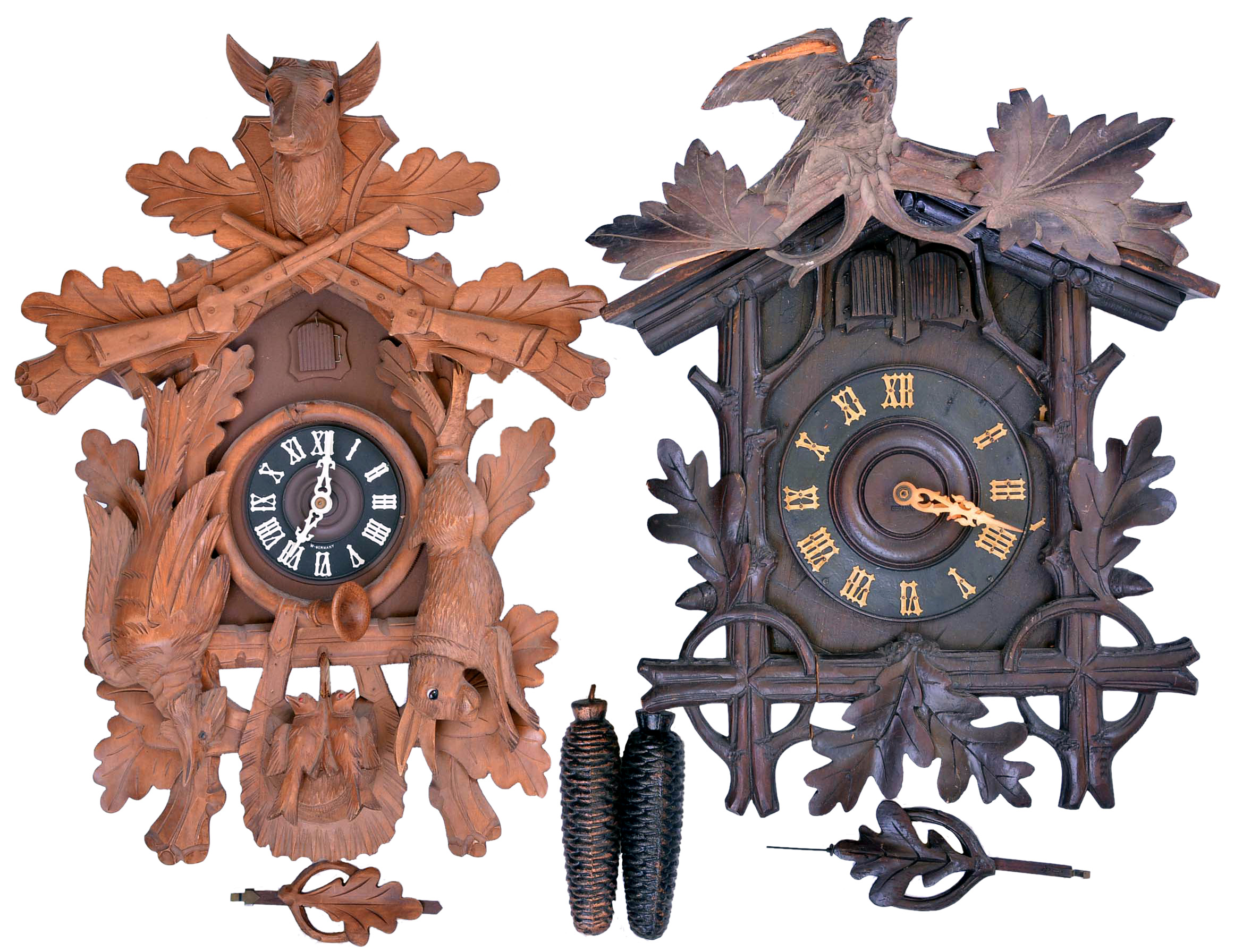 Clocks- 2 (Two) German cuckoos: the first a cuckoo &amp; quail with brass movement marked "Sears, Roebuck &amp; Co. Germany", c1900, the other with hunter style case, c1950 — Antique Clocks Price Guide