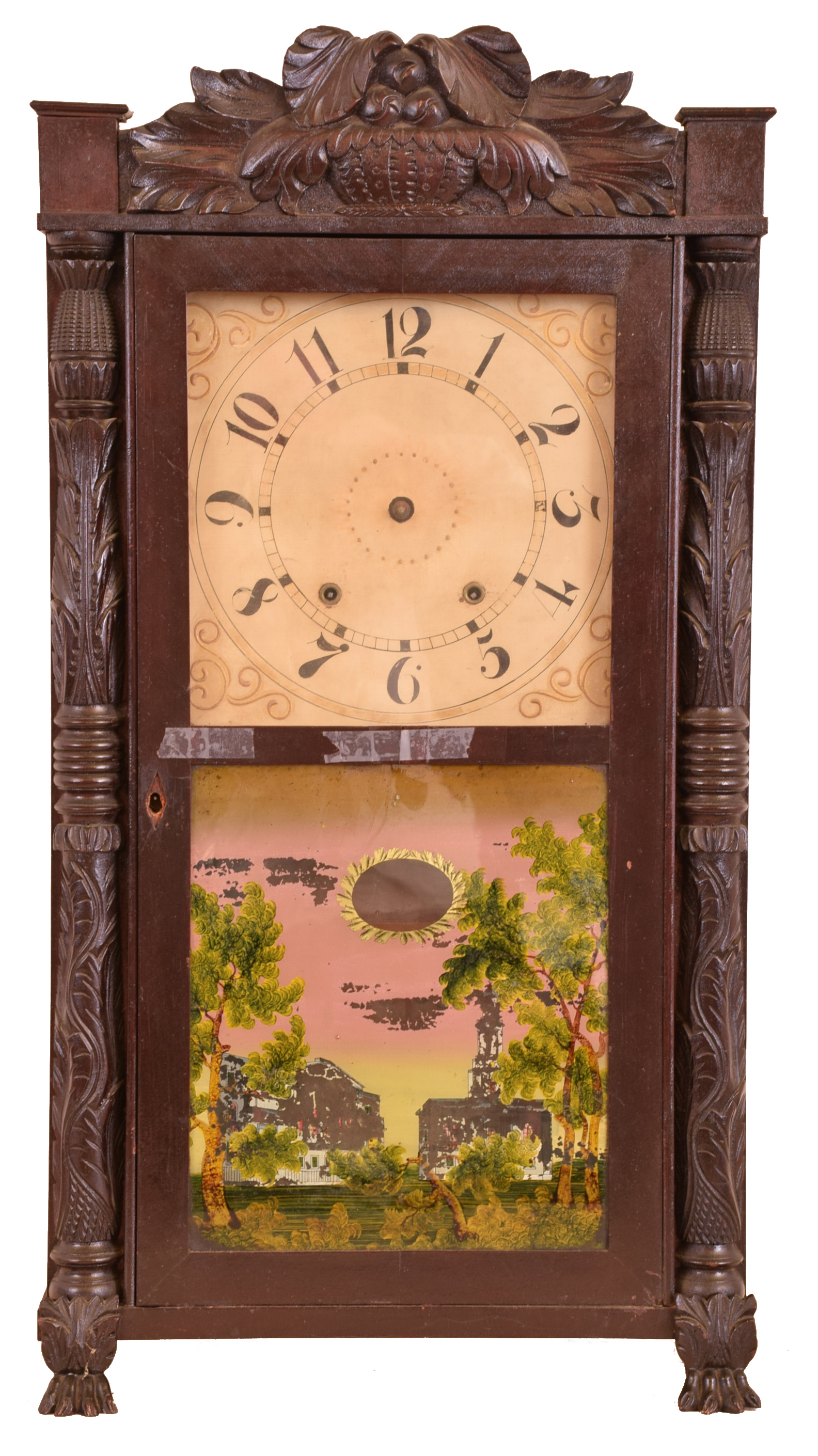 Clocks- 3 (Three): (1) Seth Thomas Clock Co., Plymouth Hollow, Conn., 30 hour, time and strike weight wood movement shelf clock. (2) Jared Arnold, Jr, Amber, New York, 8 day, time and strike weight brass movement triple decker shelf clock. (3) Eli Terry, Jr, Terrysville, Conn., 30 hour, time and strike weight wood movement carved column &amp; splat shelf clock. — Antique Clocks Price Guide