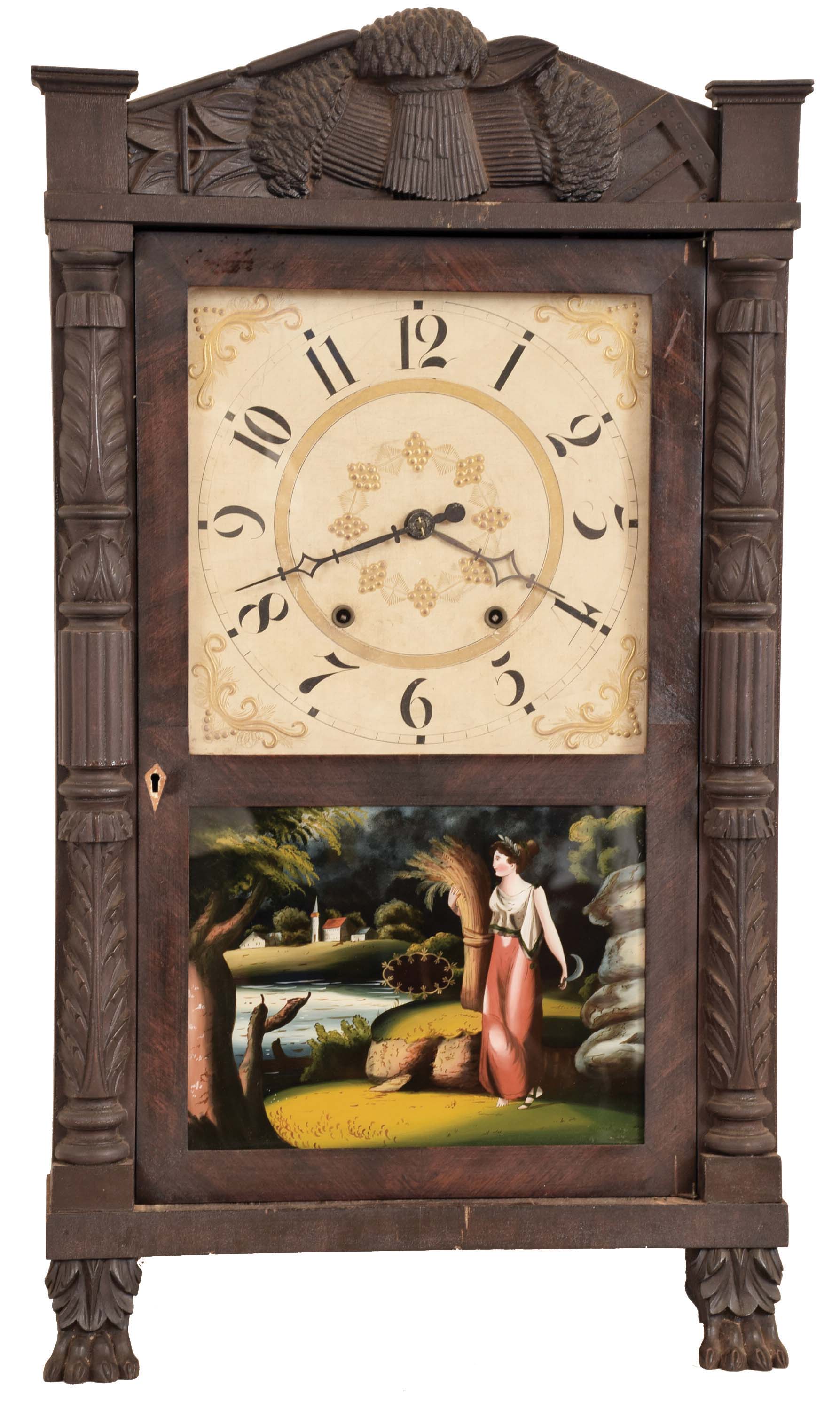 R. E. Northrop, New Haven, Conn, "Carved Column and Splat" shelf clock with a weight driven 30 hour time and strike wooden works movement in a mahogany case. — Antique Clocks Price Guide