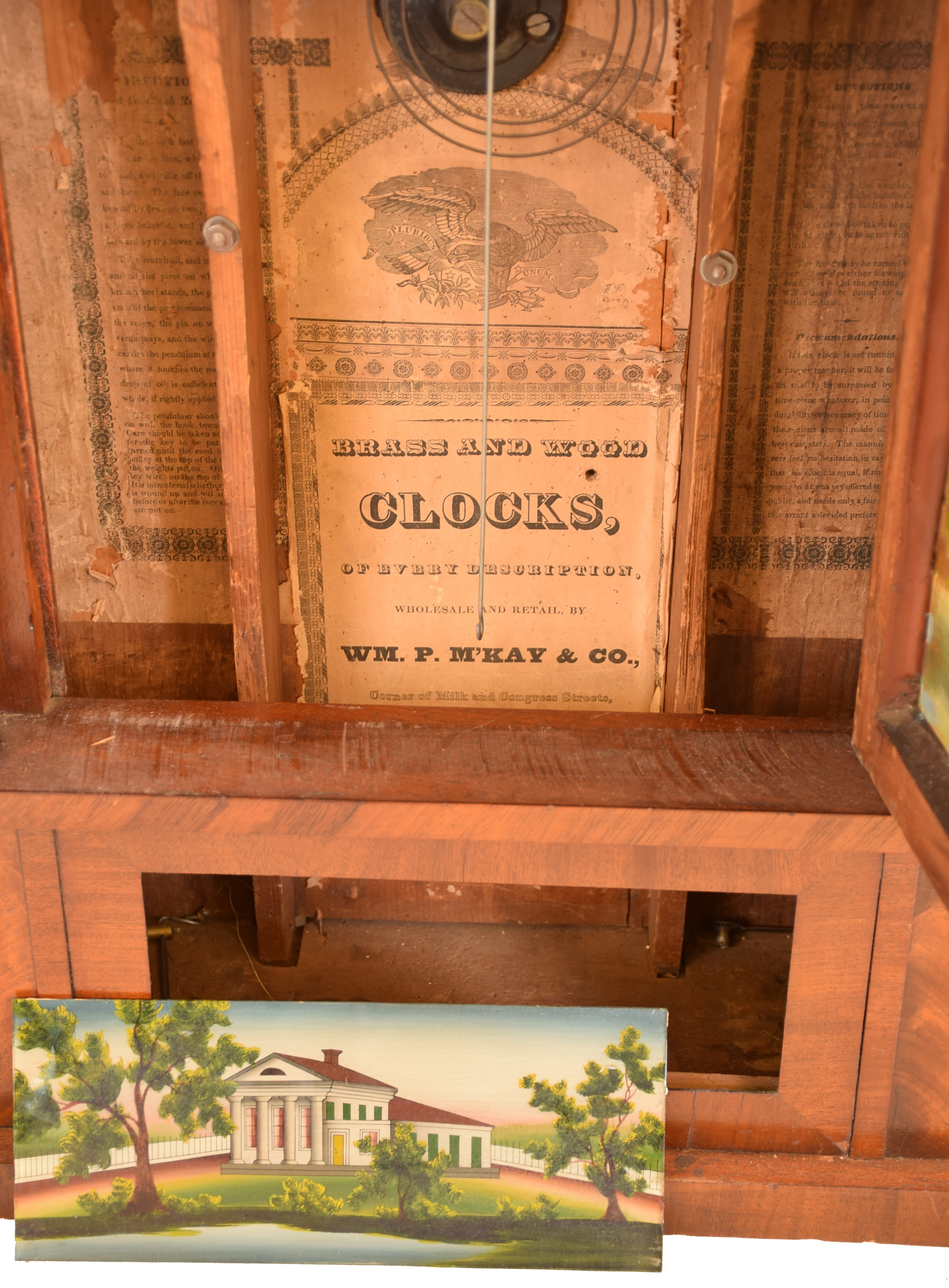 Clocks- 2 (Two): (1) Wm. P. Mckay &amp; Co., Boston, Mass., 8 day, time and strike weight brass movement column &amp; cornice shelf clock. (2) E. W. Adams, Seneca Falls, New York, 30 hour, time and strike weight wood movement shelf clock. — Antique Clocks Price Guide