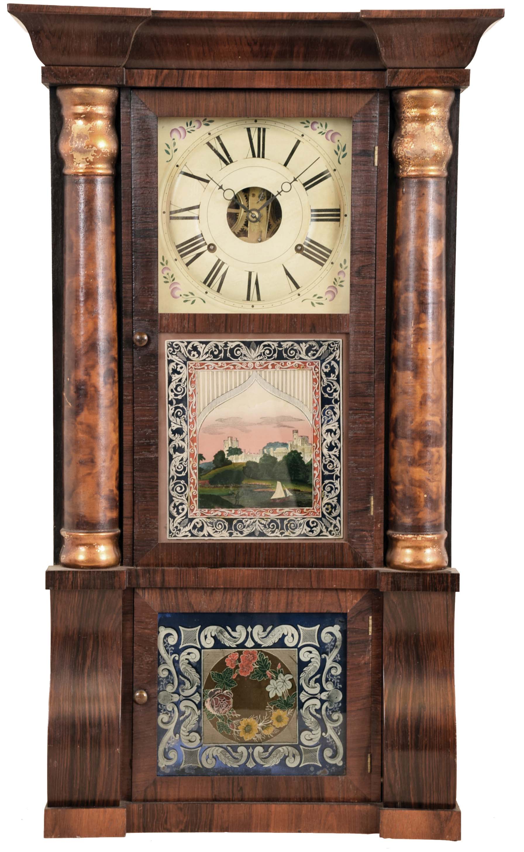 Seth Thomas Clock Co., Plymouth Hollow, Conn., "Column and Cornice" shelf clock with an 8 day weight driven time and strike brass lyre movement in a rosewood case. — Antique Clocks Price Guide