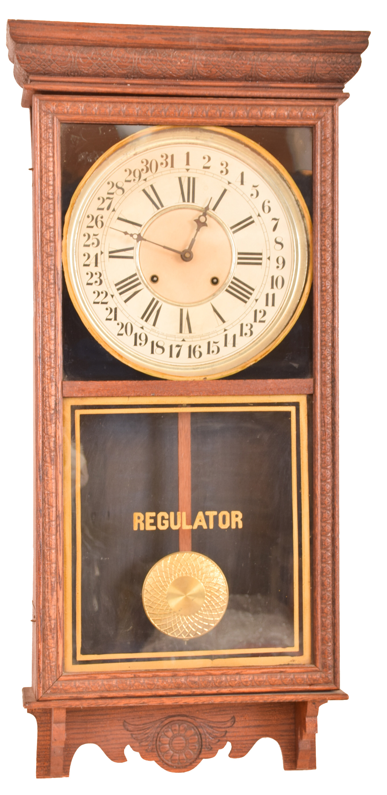 Clocks- 2 (Two): (1) Sessions Clock Co., Forestville, Conn., "Crescent No. 15" wall hanging clock with an 8 day spring driven brass timepiece movement with a simple calendar mechanism in an oak case, c1915 (2) Sessions Clock Co., Forestville, Conn., "Regulator E" wall hanging clock with an 8 day spring driven time and strike movement with a simple calendar mechanism c1908. — Antique Clocks Price Guide