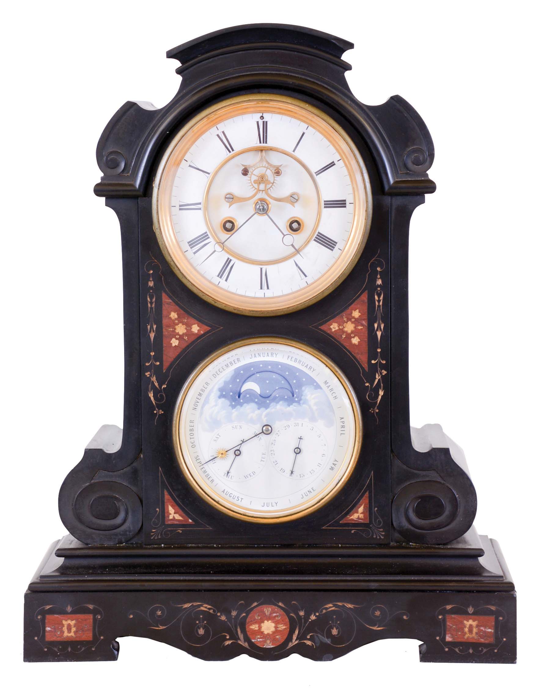 France, two dial mantel clock with Brocot's perpetual calendar, the black slate case with molded base, carved scrolls, red marble inlay, and gilt, incised foliate ornament, Roman numeral white enamel dial with visible Brocot escapement, blued steel Breguet style hands, white enamel calendar dial decorated with clouds and night sky with stars, surrounding a crescent shaped aperture through which the phases of the moon are seen, correct calendar hands, with 8 day, time and strike pendule de Paris movement — Antique Clocks Price Guide