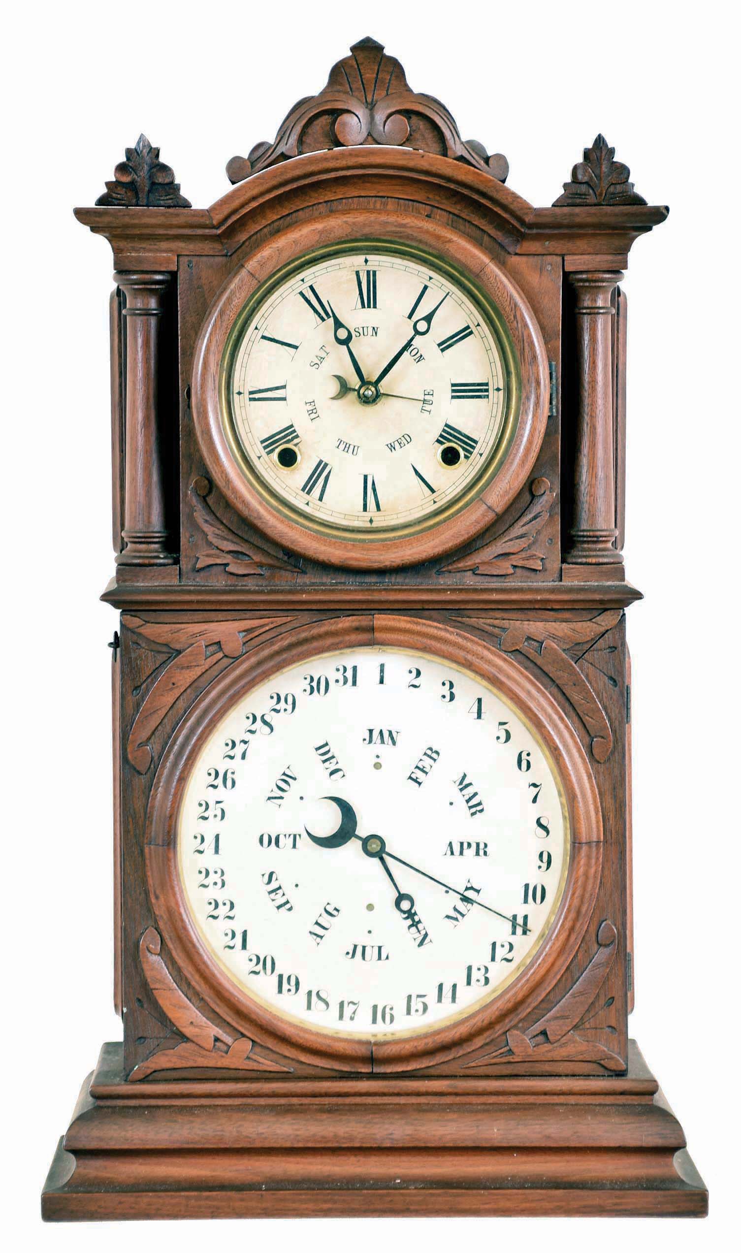 E. Ingraham &amp; Co., Bristol, Conn., "Calendar" shelf clock with a spring driven 8 day time and strike movement with B. B. Lewis patent calendar mechanism in a solid walnut case. — Antique Clocks Price Guide