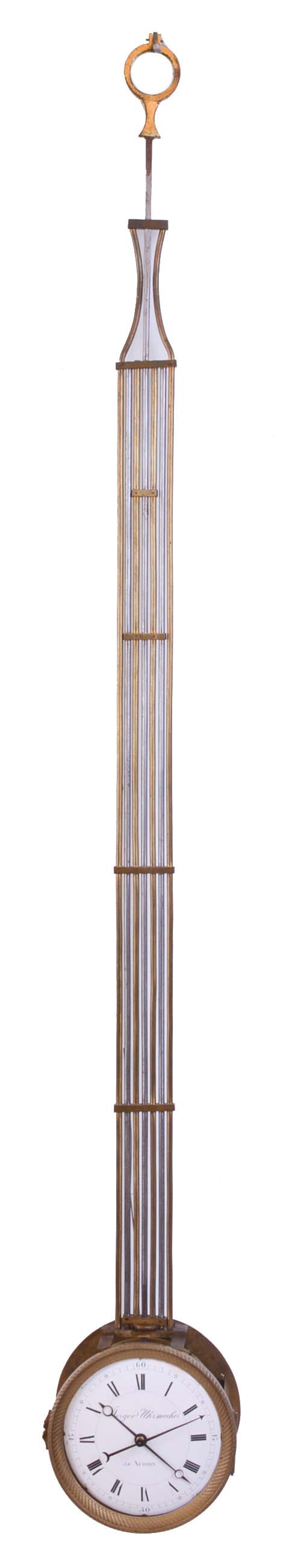 Jerger in Achern, hanging shop window regulator, the gridiron pendulum with knife edge supporting a cylindrical brass case, white enamel dials on the front and back, one signed "Jerger Uhrmacher in Achern", blued steel Breguet style hands, and 8 day time and strike movement with pin wheel escapement, housed in a purpose made Lexan display case — Antique Clocks Price Guide