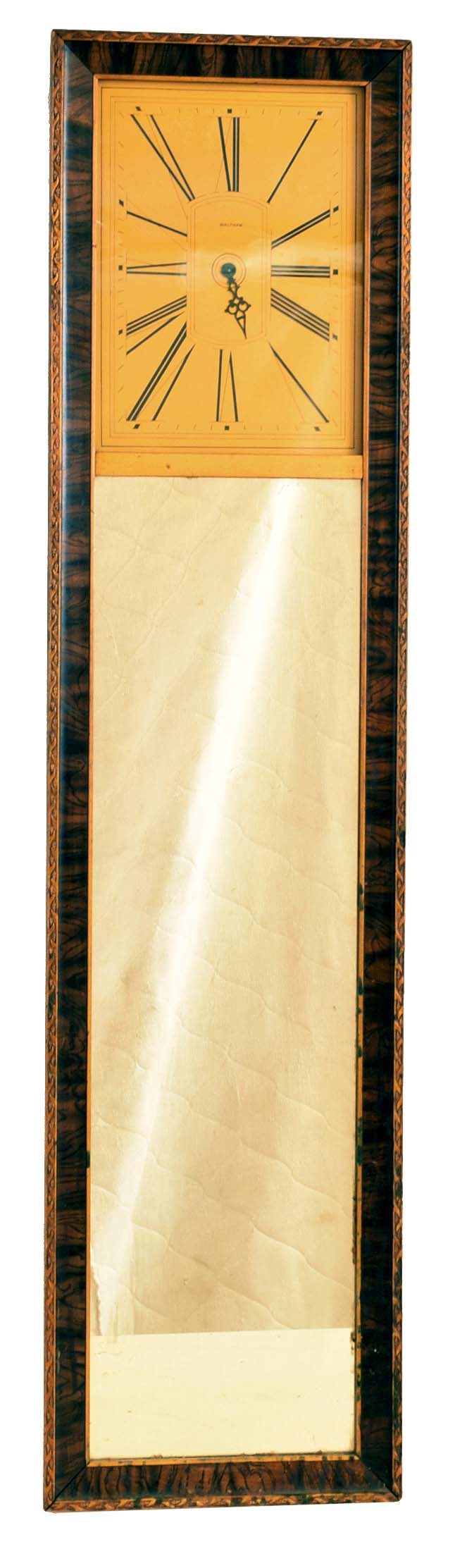 Clocks- 2 (Two) 8 day time only wall clocks: Waltham mirror clock with 37- size twin spring car clock movement, c1925 and an E. &amp; A, Ingraham, Bristol, CT gilt wood gallery clock c1852 — Antique Clocks Price Guide