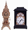 Clocks- 2 (Two): The first an Austrian 3 train bracket clock, probably 2 day, in ebonized wooden case, composite, engraved brass and enamel dial, engraved brass quarter striking movement with verge escapement, c1800, and a French architectural mantel clock, gilt case, Roman numeral dial, 8 days time and strike movement, c1880