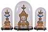 France, mantel clock with garniture, ornate, gilt spelter clock case on paw feet, and with polychrome porcelain panels, Roman numeral porcelain dial, blued steel hands, 8 day time and strike pendule de Paris movement, with matching, porcelain mounted side pieces, each with its own gilt wooden base, all with glass domes