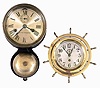 Clocks- 2 (Two) Seth Thomas brass case hanging marine clocks; 2 day outside bell ship's bells with rear paper label; 8 day "Mayflower"- style time only with yacht wheel screw bezel