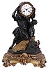 Hemon a Paris, figural mantel clock, gilt and patinated bronze case, the molded base with scroll feet set with Helios masks, the front with trophy, including poppies, acanthus, wheat, and tools of the harvest, and surmounted by a pair of nicely modeled figures; a young woman drawing back a drape covering the clock while the figure of a young boy attempts to stop her, the scene based on earlier clocks depicting Amor and Aurora, and representing the flow of time; the figures before a large, gilt bundle of wheat, and a few poppies, on a patinated, naturalistic ground, Roman numeral, white enamel dial with gilt wheat and poppy bezel, 8 day, time and strike pendule de Paris movement, c1850
