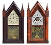 Clocks- 2 (Two): (1) Chauncey Jerome, New Haven, Conn., 30 hour, time and strike spring brass movement Sharp Gothic or Steeple Clock, c. 1850. (2) New Haven Clock Co., New Haven, Conn., 30 hour, time, strike and alarm spring brass movement Sharp Gothic or Steeple clock, c1865