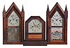 Clocks- 3 (Three): (1) Terry & Andrews, Bristol, Conn., 30 hour, time and strike spring brass movement Sharp Gothic or Steeple clock, c1850 (2) Chauncey Jerome, New Haven, Conn. 30 hour, time and strike spring brass movement Sharp Gothic or Steeple Clock, c1850 (3) Jerome & Co., New Haven, Conn., 30 hour, time and strike spring brass movement octagon top cottage clock, c1865