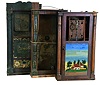Clocks- 5 (Five): (1) Seth Thomas. Plymouth, Conn. Half Column and Splat shelf clock with a 30 hour weight driven time and strike wooden works movement, c1830. (2) Unidentified short Wooden works carved column case only, c1830. (3) Silas Hoadley, Plymouth, Conn. Column and Splat case (only) with pillar & scroll feet, c1830. (4) Unidentified wooden works stenciled column case only, c1830. (5) Jerome, Darrow & Co., Bristol, Conn., stenciled Column and Splat shelf clock with a 30 hour weight driven time and strike groaner movement in a mahogany case, c1830,