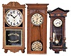 Clocks- 5 (Five): (1) Wm. L. Gilbert Clock Co., Winsted, Conn. "University" wall hanging clock with an 8 day spring driven timepiece movement in a mahogany case, c1913. (2) Sessions Clock Co., Forestville, Conn., "Regulator No. 1" wall hanging clock with an 8 day time and strike movement in an oak case, c1908. (3) Wm. L. Gilbert Clock Co., Winsted, Conn., unidentified wall hanging clock with an 8day timepiece movement in an oak case, c1910. (4) Wm. L. Gilbert Clock Co., Winsted, Conn, "Regulator No. 10" wall hanging clock with a double weight 8 day timepiece movement in an oak case, c1890. (5) German R- A Regulator wall clock with a spring driven 8 day time and strike movement, c1900.