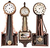 Clocks- 5 (Five) for restoration or parts: (1) Tift Banjo Clock, N. Attleboro, Mass., with a 8 day weight driven timepiece movement, c1840. (2) Waltham Clock Co, Waltham, Mass. Banjo clock with an 8 day weight driven timepiece movement, c1930. (3) Banjo case c1930. (4) Banjo case c1930, likely a Waltham. (5) New Haven Clock Co., New Haven, Conn. Banjo clock case.