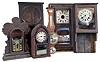 Clocks- 6 (Six): (1) Wm. L. Gilbert Clock Co., Winsted, CT, "University" wall hanging clock with an 8day timepiece movement, c1930. (2) New Haven Clock Co., New Haven, Conn. OG shelf clock with a weight driven 8 day time and strike movement, c1870. (3) Unidentified Beehive clock with an 8 day spring driven time and strike movement in a rosewood veneer case, c1870. (4) E. Ingraham & Co., Bristol, Conn. "Gila" shelf clock case only, c1900. (5) Cincinnatti Time Recording Co., Cincinnati OH "Time Recording Clock" in an oak case with a spring driven 15 day Seth Thomas timepiece movement, c1920. (6) Seth Thomas Clock Co., Thomaston, Conn. "Weathervane II" thermometer, barometer and hygrometer, c1980