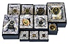 Clocks- 17 (Seventeen) Movado desk clocks, Japanese quartz movements, various models with brass, Lucite, etc., new / old stock in original gift boxes