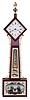 Foster S. Campos, Pembroke, Mass., "diamond Head Banjo" wall clock, 8 day, weight brass movement time and passing strike, in an inlaid mahogany case with painted metal dial and reverse painted tablets, the upper signed "MUNROE CONCORD" and the lower depicting Admiral Perry and the Commodore, by Tom Moberg, dated 2003